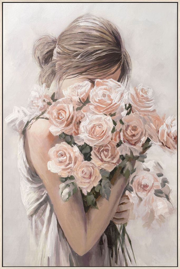 Enchanting Roses Embrace - 48" x 32" - Hand-Embellished Canvas In Blush and Ivory