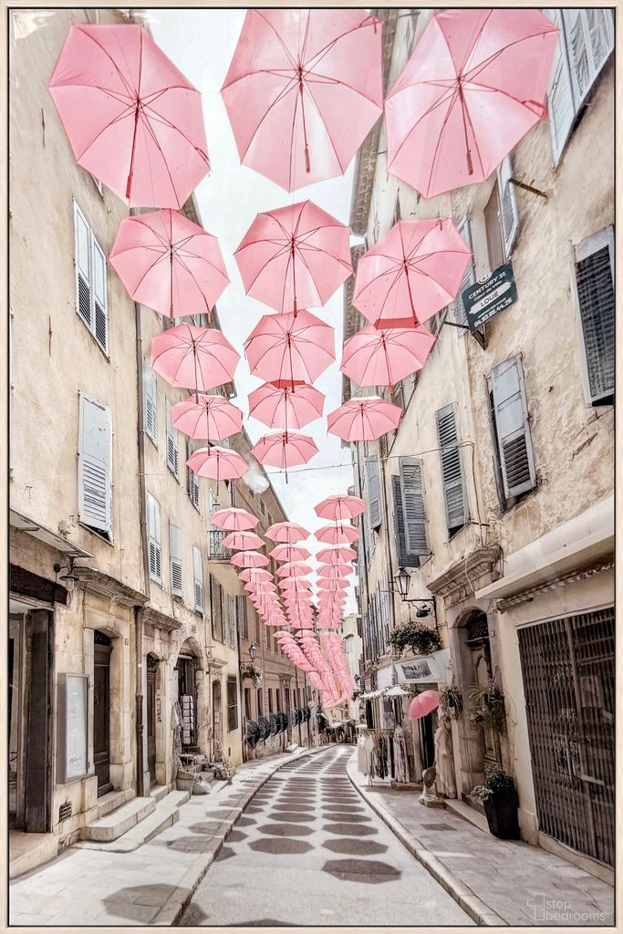 Enchanting Umbrellas Promenade - 48" x 32" - Gloss Canvas In Ivory and Pink