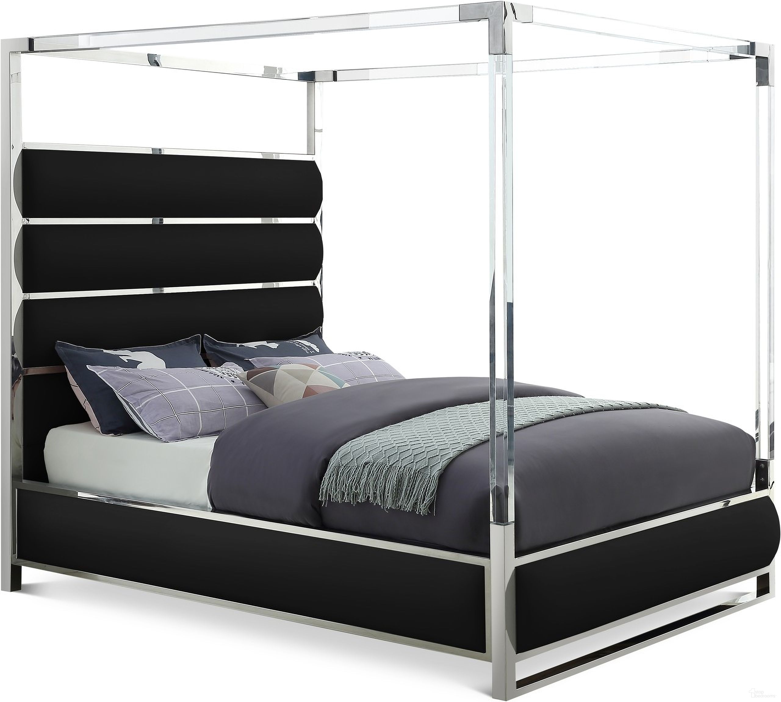 The appearance of Encore Vegan Leather King Bed In Black designed by Meridian in the modern / contemporary interior design. This black piece of furniture was selected by 1StopBedrooms from Encore Collection to add a touch of cosiness and style into your home. Sku: EncoreBlack-K Box 1/4 (Headboard/Hardware);EncoreBlack-K Box 2/4 (Footboard/Slats);EncoreBlack-K Box 3/4 (Rails/Support Bar);EncoreBlack-K Box 4/4 (Acrylic Bars). Bed Type: Canopy Bed. Material: Metal. Bed Size: King.