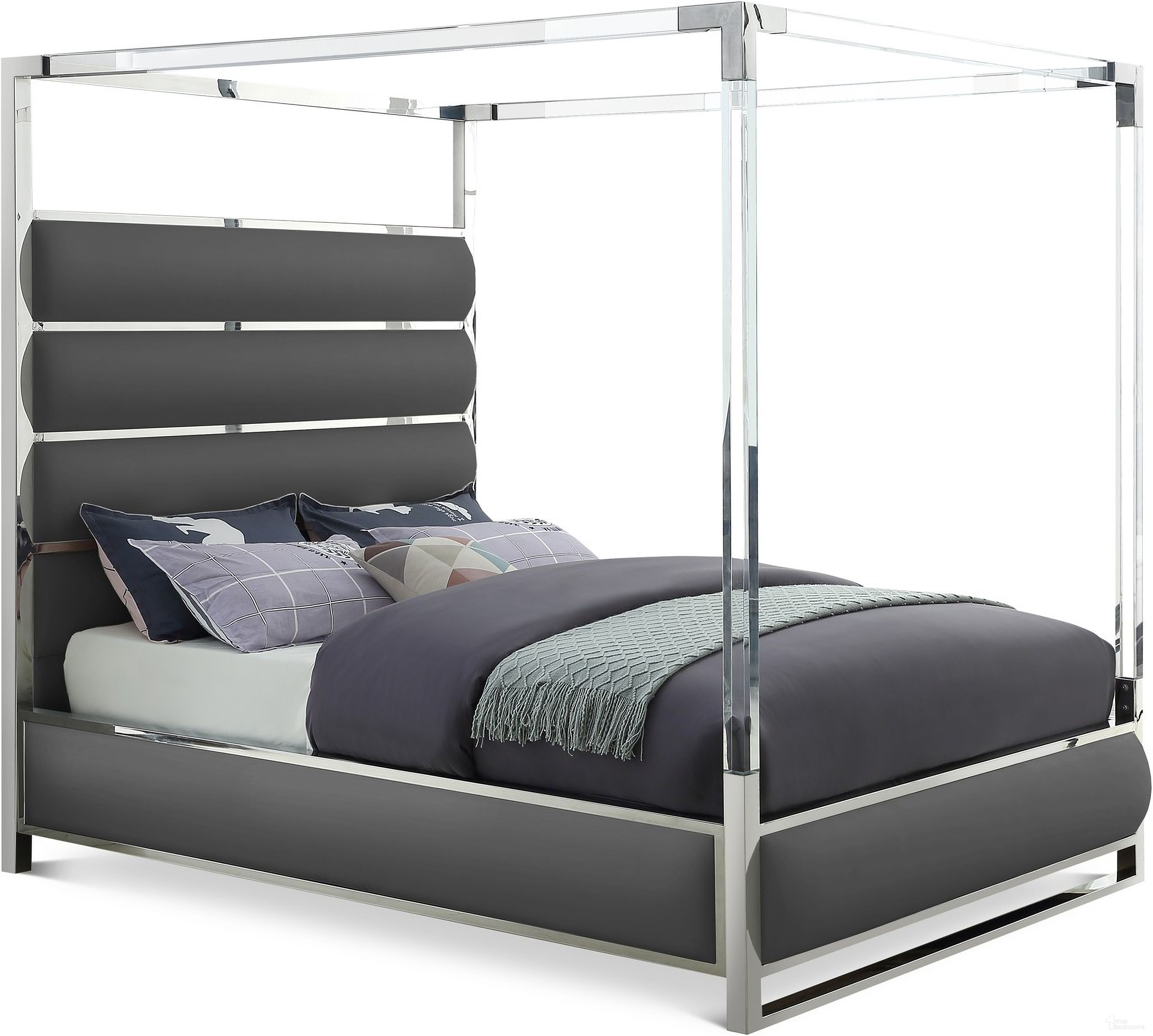 The appearance of Encore Vegan Leather King Bed In Grey designed by Meridian in the modern / contemporary interior design. This grey piece of furniture  was selected by 1StopBedrooms from Encore Collection to add a touch of cosiness and style into your home. Sku: EncoreGrey-K Box 1/4 (Headboard/Hardware);EncoreGrey-K Box 2/4 (Footboard/Slats);EncoreGrey-K Box 3/4 (Rails/Support Bar);EncoreGrey-K Box 4/4 (Acrylic Bars). Bed Type: Canopy Bed. Material: Metal. Bed Size: King.