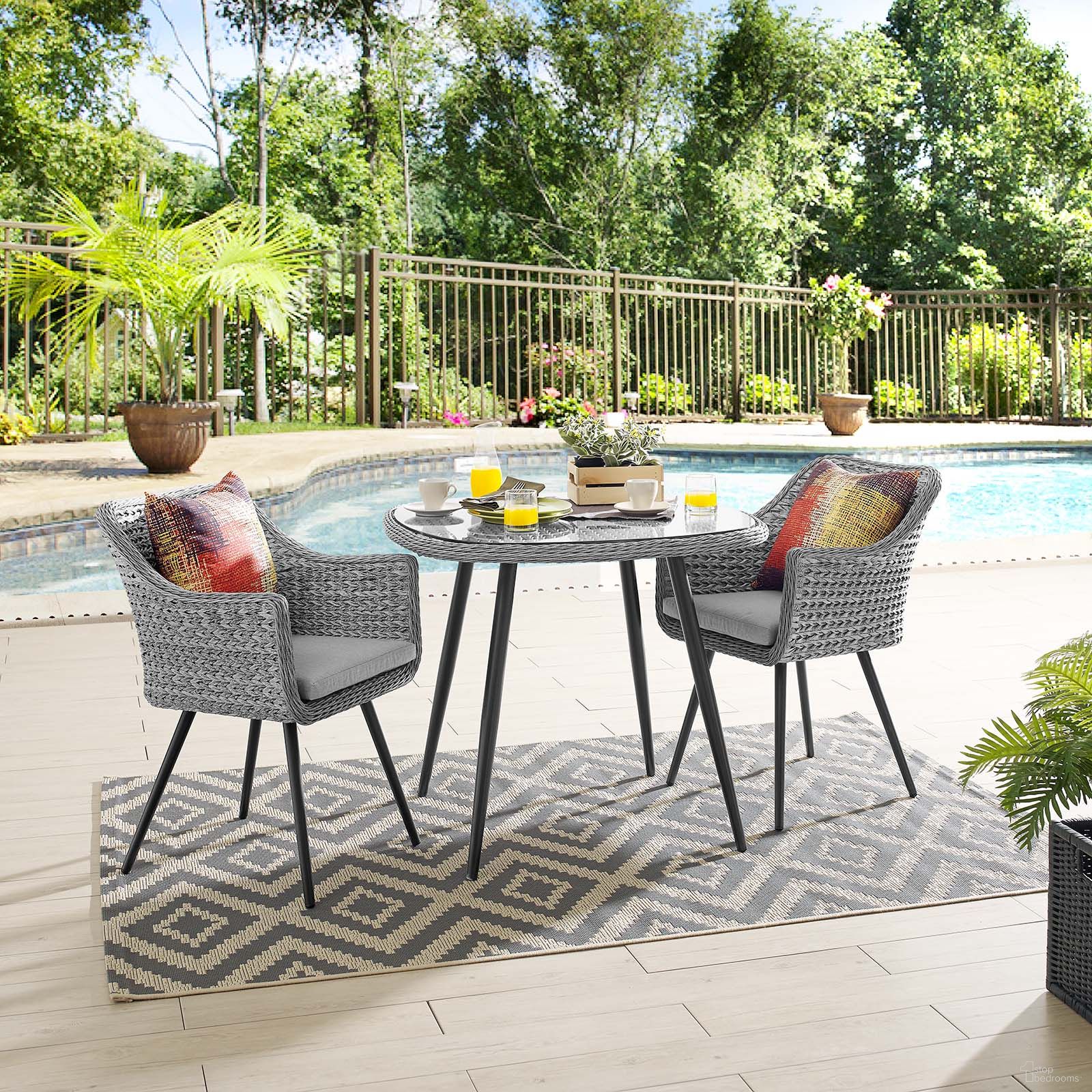 The appearance of Endeavor Gray 3 Piece Outdoor Patio Wicker Rattan Dining Set designed by Modway in the modern / contemporary interior design. This gray piece of furniture was selected by 1StopBedrooms from Endeavor Collection to add a touch of cosiness and style into your home. Sku: EEI-3028-GRY-GRY;EEI-3028-GRY-GRY;EEI-3029-GRY. Table Base Style: Legs. Table Top Shape: Square. Material: Foam.
