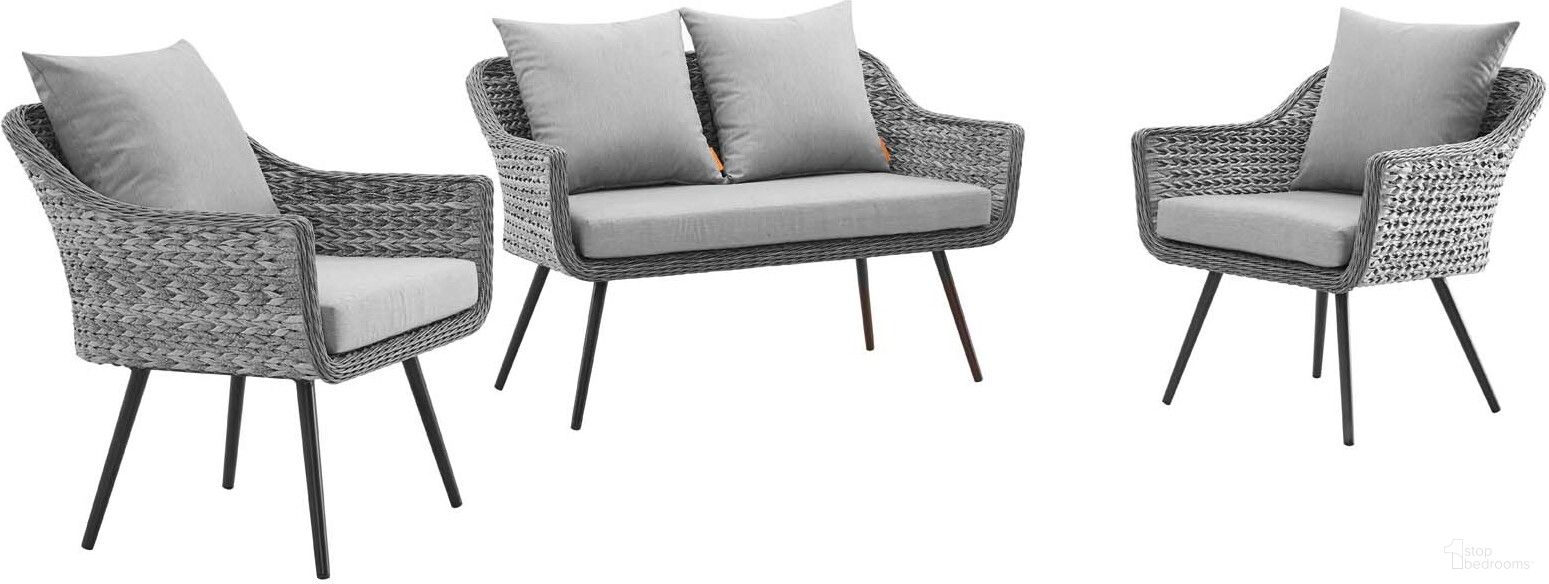 The appearance of Endeavor Gray 3 Piece Outdoor Patio Wicker Rattan Sectional Sofa Set EEI-3175-GRY-GRY-SET designed by Modway in the modern / contemporary interior design. This gray piece of furniture was selected by 1StopBedrooms from Endeavor Collection to add a touch of cosiness and style into your home. Sku: EEI-3023-GRY-GRY;EEI-3023-GRY-GRY;EEI-3024-GRY-GRY. Material: Aluminum.