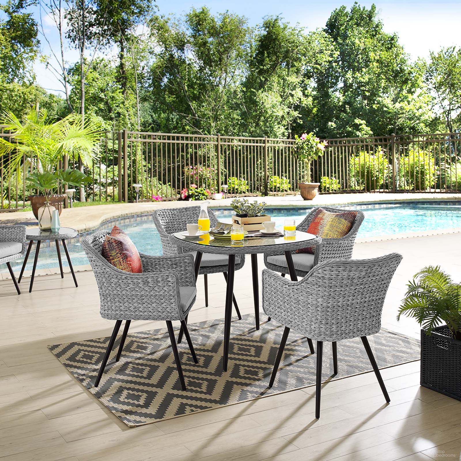 The appearance of Endeavor Gray 5 Piece Outdoor Patio Wicker Rattan Dining Set designed by Modway in the modern / contemporary interior design. This gray piece of furniture was selected by 1StopBedrooms from Endeavor Collection to add a touch of cosiness and style into your home. Sku: EEI-3028-GRY-GRY;EEI-3028-GRY-GRY;EEI-3028-GRY-GRY;EEI-3028-GRY-GRY;EEI-3029-GRY. Table Base Style: Legs. Table Top Shape: Square. Material: Foam.