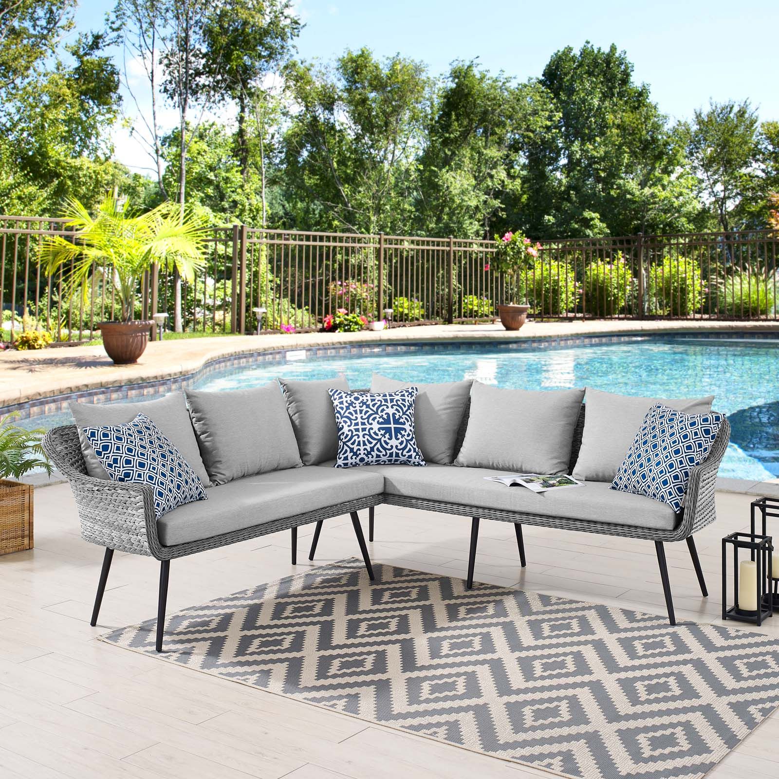 The appearance of Endeavor Outdoor Patio Wicker Rattan Sectional Sofa designed by Modway in the modern / contemporary interior design. This gray piece of furniture was selected by 1StopBedrooms from Endeavor Collection to add a touch of cosiness and style into your home. Sku: EEI-4658-GRY-GRY. Material: Aluminium.