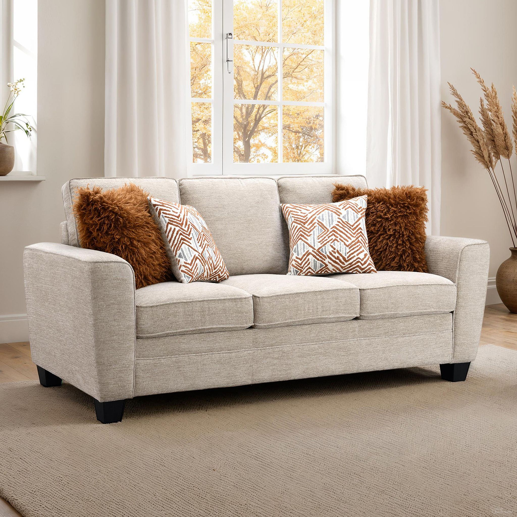 The appearance of Enea Sofa In Taupe designed by Furniture of America in the transitional interior design. This taupe piece of furniture  was selected by 1StopBedrooms from Enea Collection to add a touch of cosiness and style into your home. Sku: FM64009TP-SF. Material: Chenille.