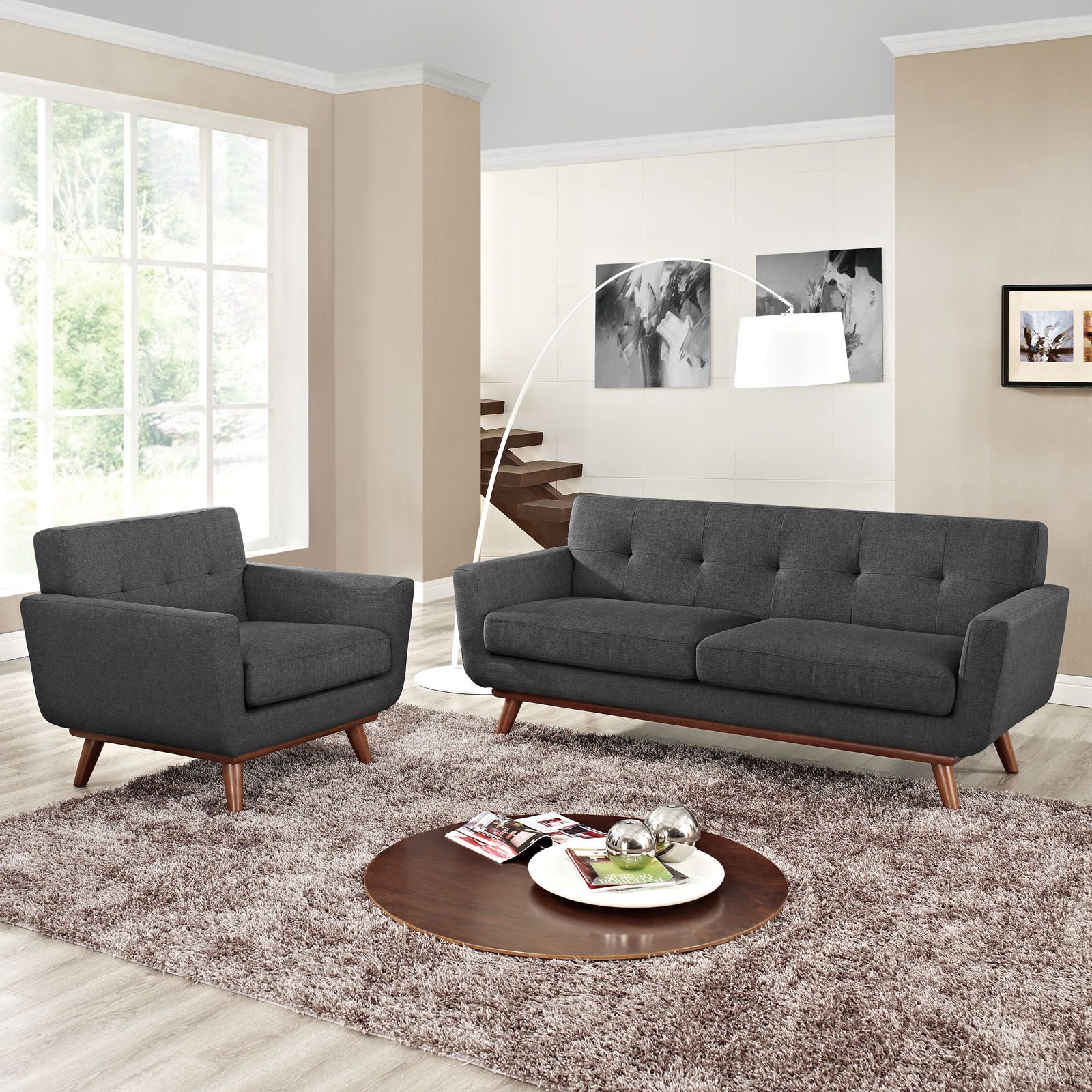 The appearance of Engage Gray Arm Chair and Loveseat Set of 2 designed by Modway in the modern / contemporary interior design. This gray piece of furniture was selected by 1StopBedrooms from Engage Collection to add a touch of cosiness and style into your home. Sku: EEI-1178-DOR-Y;EEI-1179-DOR-Y. Material: Polyester.