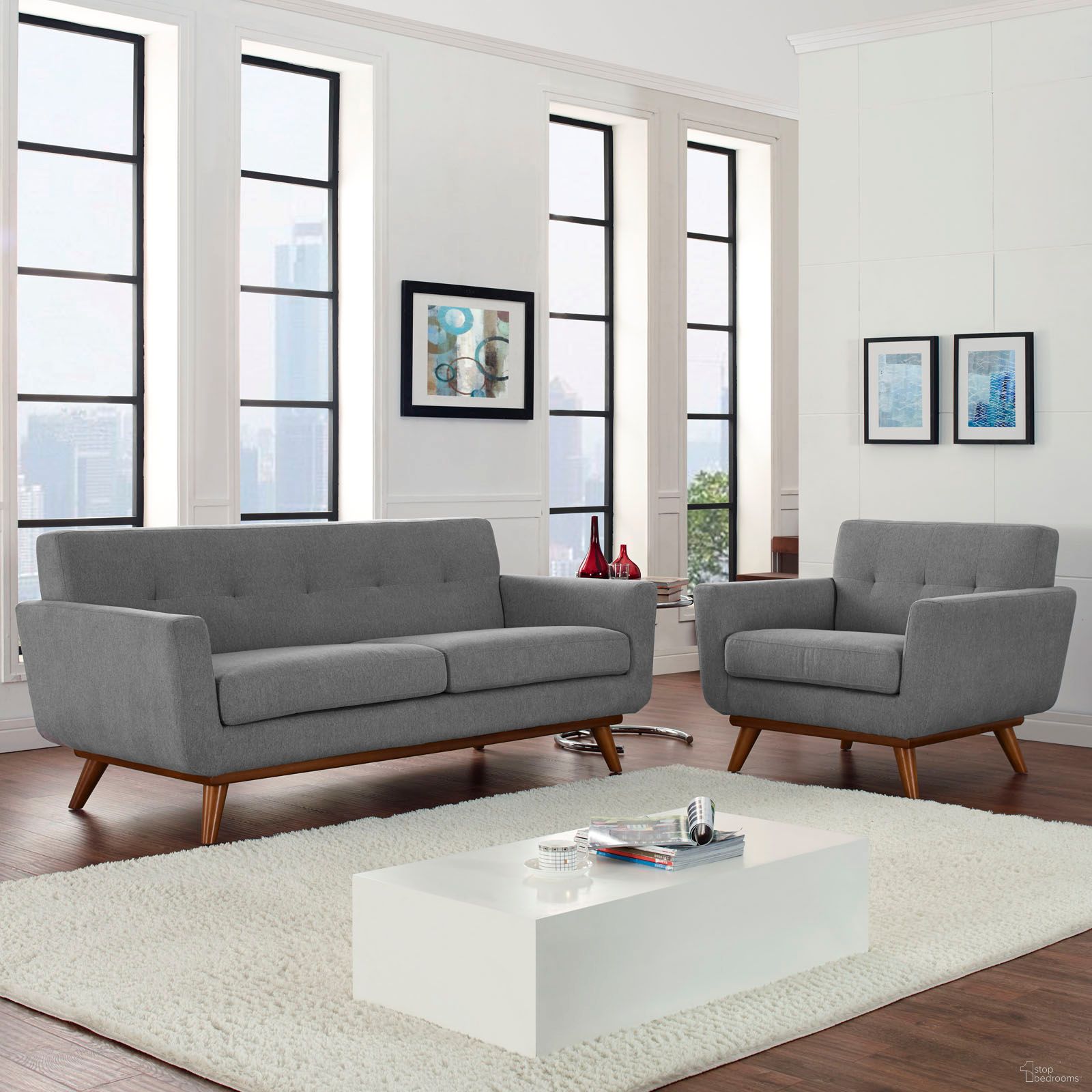The appearance of Engage Gray Arm Chair and Loveseat Set of 2 In Light Gray designed by Modway in the modern / contemporary interior design. This light gray piece of furniture was selected by 1StopBedrooms from Engage Collection to add a touch of cosiness and style into your home. Sku: EEI-1178-GRY-Y;EEI-1179-GRY-Y. Material: Polyester.