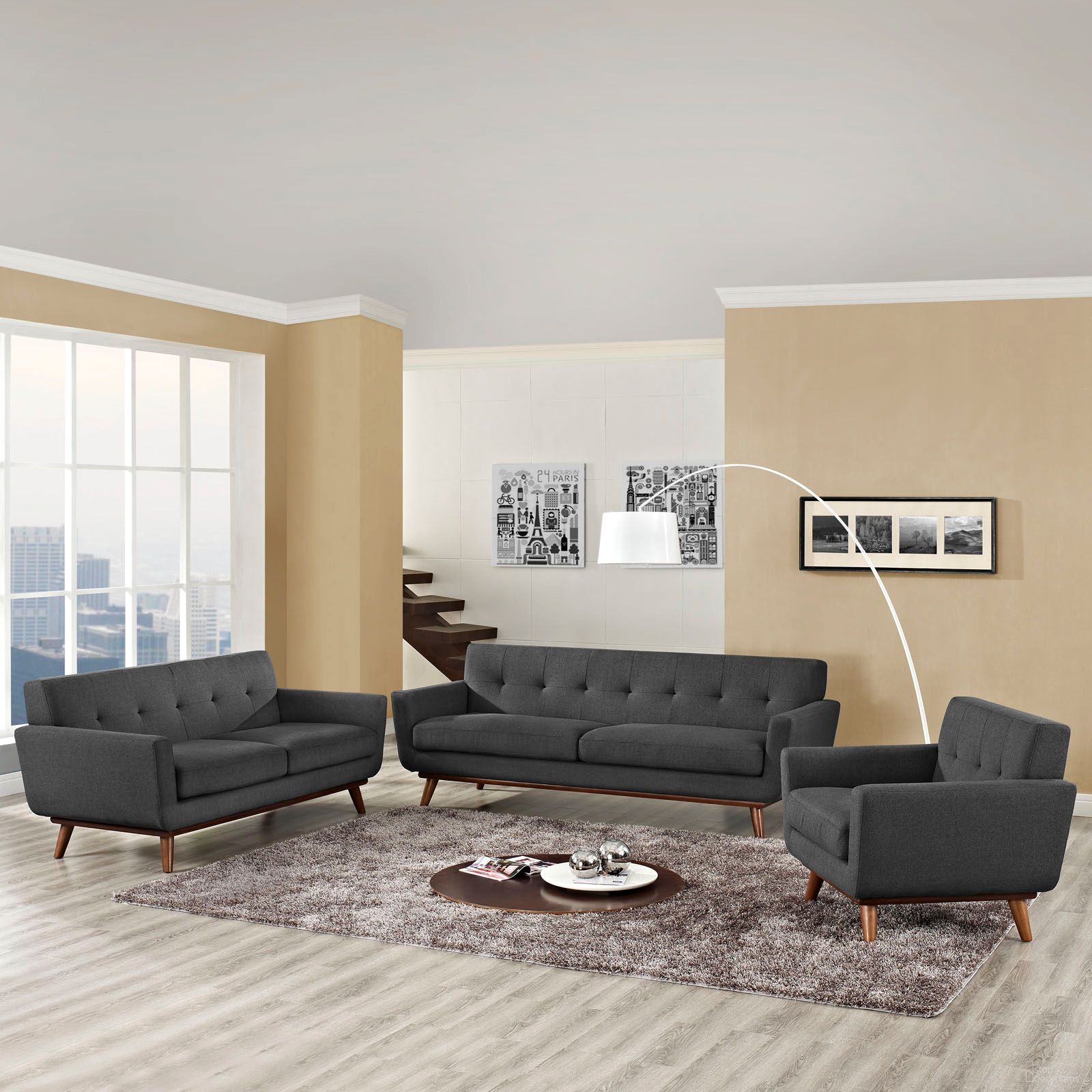 The appearance of Engage Gray Sofa Loveseat and Arm Chair Set of 3 designed by Modway in the modern / contemporary interior design. This gray piece of furniture  was selected by 1StopBedrooms from Engage Collection to add a touch of cosiness and style into your home. Sku: EEI-1178-DOR-Y;EEI-1179-DOR-Y;EEI-1180-DOR-Y. Material: Polyester.