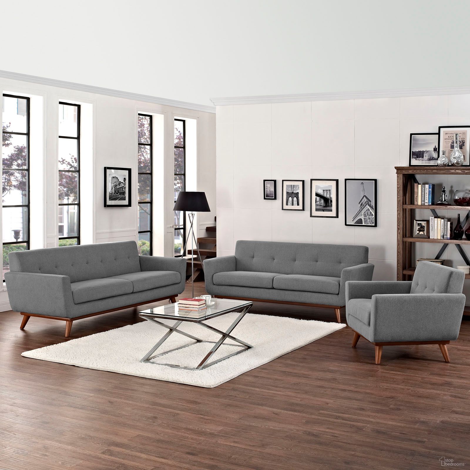 The appearance of Engage Gray Sofa Loveseat and Arm Chair Set of 3 In Light Gray designed by Modway in the modern / contemporary interior design. This light gray piece of furniture was selected by 1StopBedrooms from Engage Collection to add a touch of cosiness and style into your home. Sku: EEI-1178-GRY-Y;EEI-1179-GRY-Y;EEI-1180-GRY-Y. Material: Polyester.
