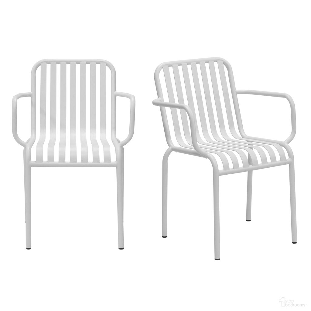 The appearance of Enid Stackable Outdoor Armchair Set of 2 In White designed by Euro Style in the modern / contemporary interior design. This white piece of furniture  was selected by 1StopBedrooms from Enid Collection to add a touch of cosiness and style into your home. Sku: 90740-WHT. Material: Steel.