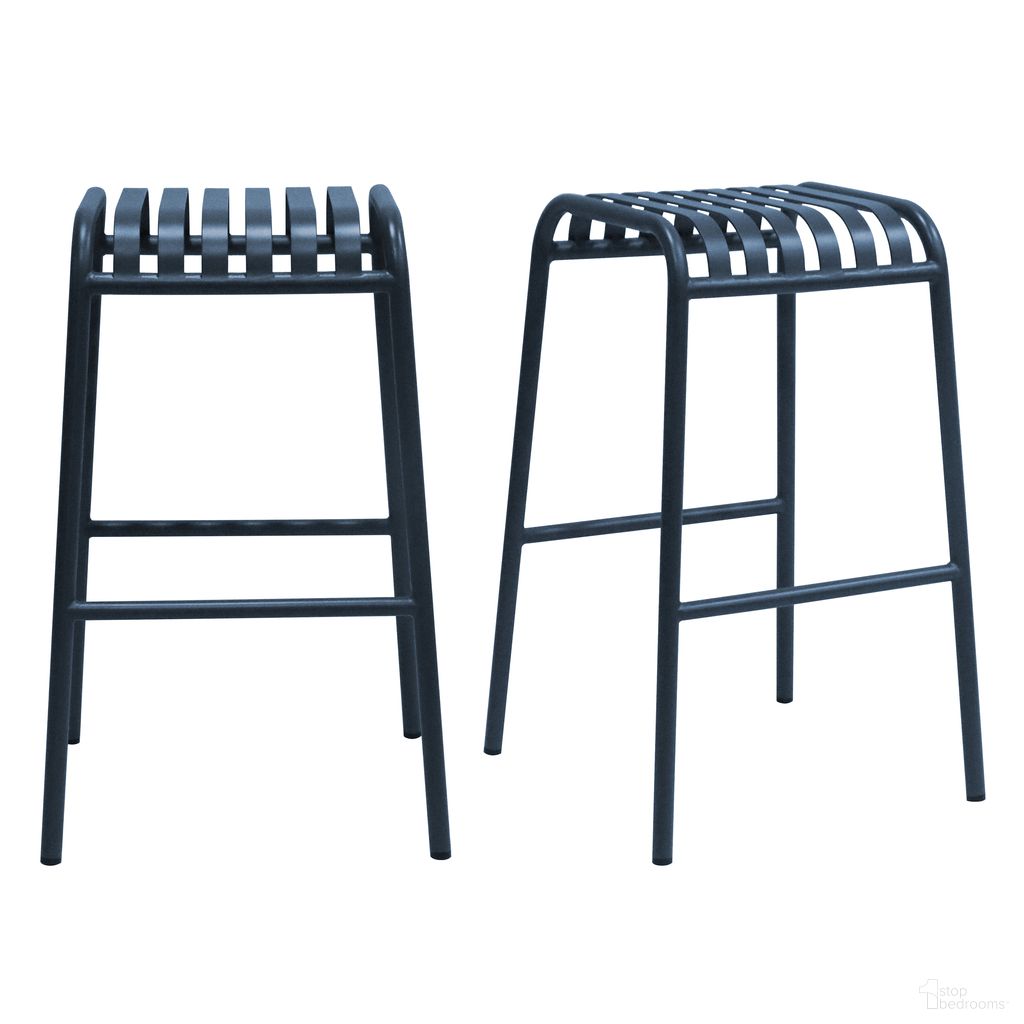 The appearance of Enid Stackable Outdoor Barstool Set of 2 In Dark Blue designed by Euro Style in the modern / contemporary interior design. This dark blue piece of furniture was selected by 1StopBedrooms from Enid Collection to add a touch of cosiness and style into your home. Sku: 90732-DKBLU. Material: Steel.