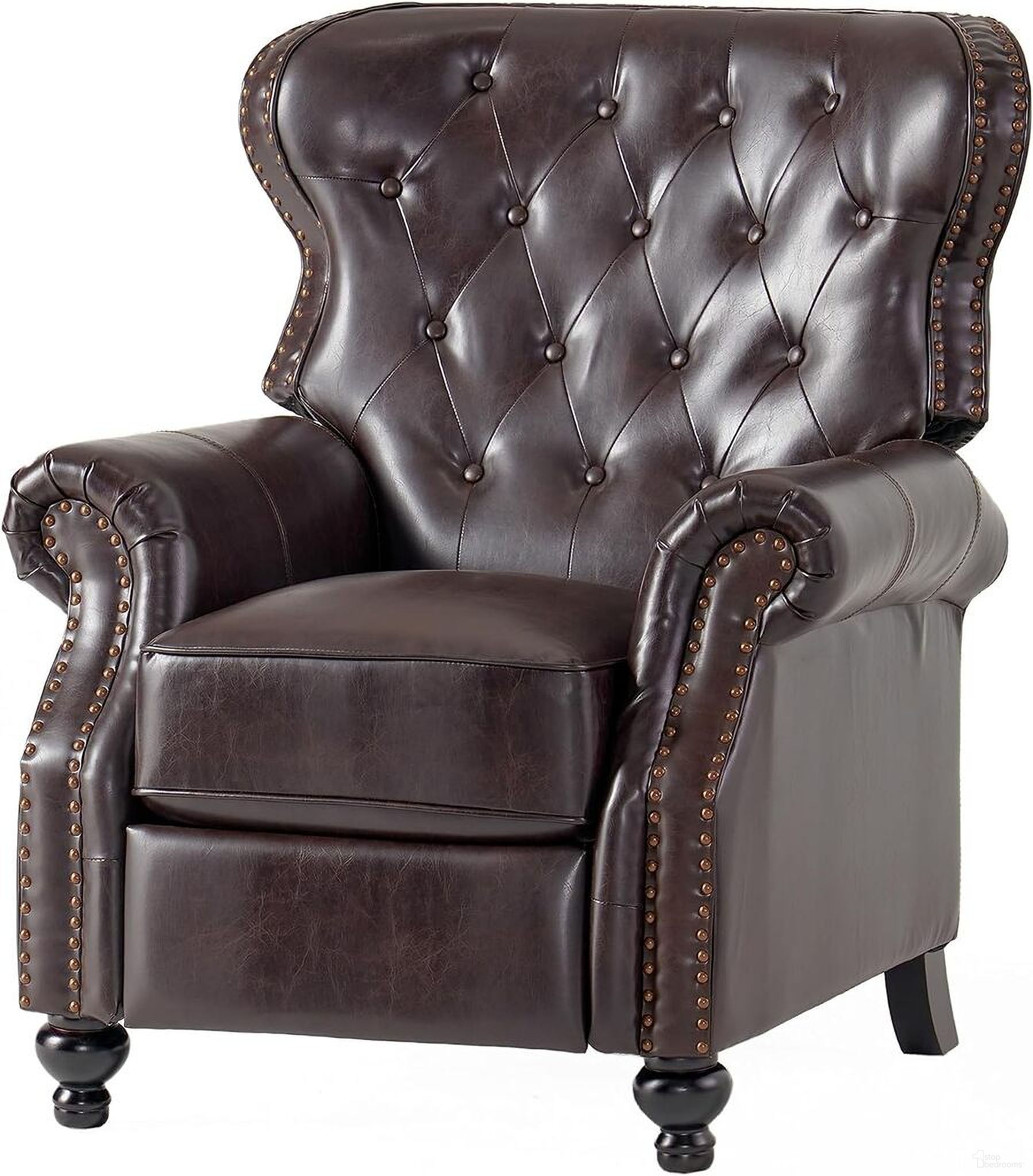 The appearance of Enigmatic Upholstered Recliner Chair with Diamond Tufting, Nailhead Accents and Rolled Arms In Dark Brown designed by Noble House in the modern / contemporary interior design. This dark brown piece of furniture was selected by 1StopBedrooms from Enigmatic Collection to add a touch of cosiness and style into your home. Sku: 57337.00PU. Material: PU.