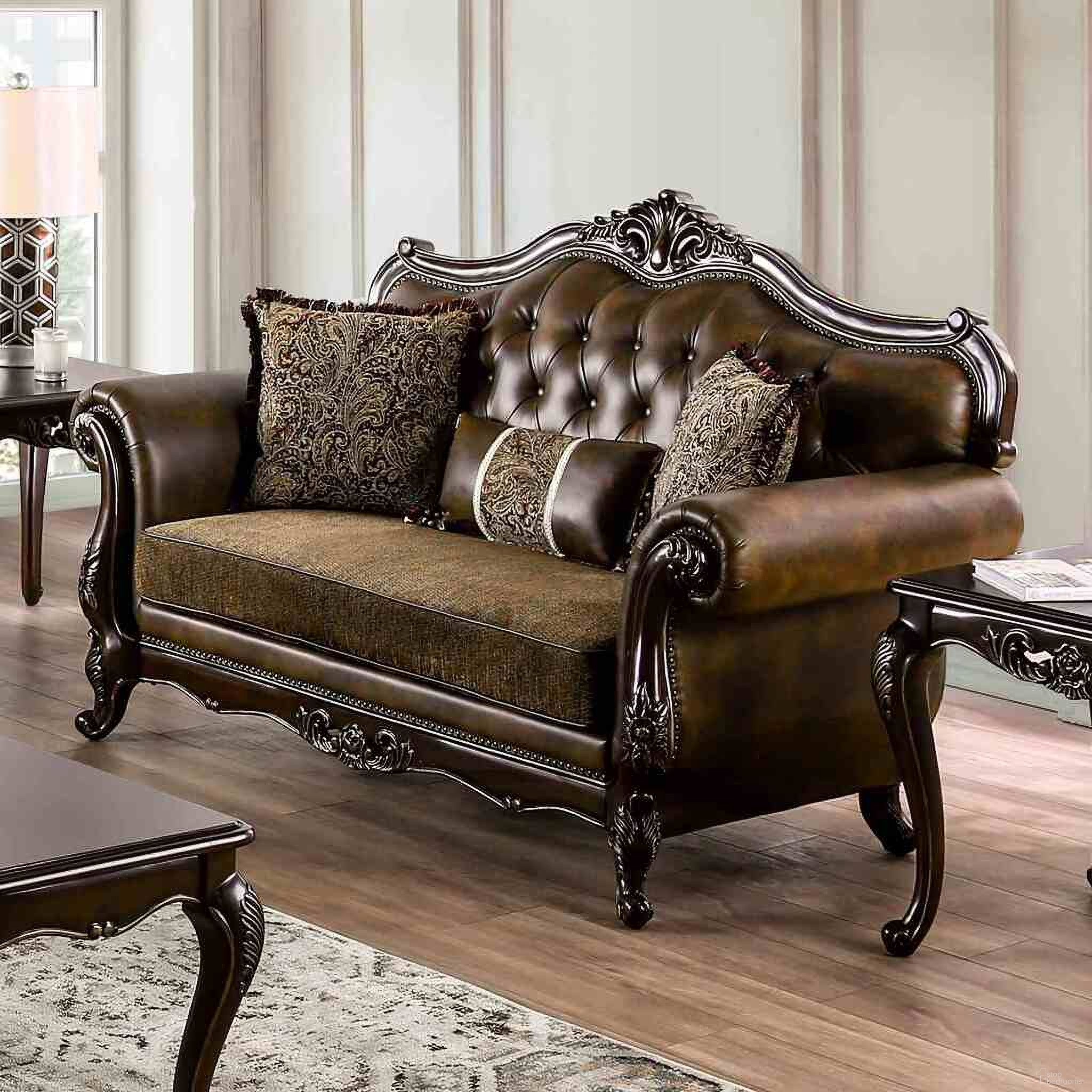 The appearance of Ensenada Loveseat In Dark Cherry and Brown designed by Furniture of America in the traditional interior design. This dark cherry and brown piece of furniture  was selected by 1StopBedrooms from Ensenada Collection to add a touch of cosiness and style into your home. Sku: FM65003BR-LV. Material: Leather.