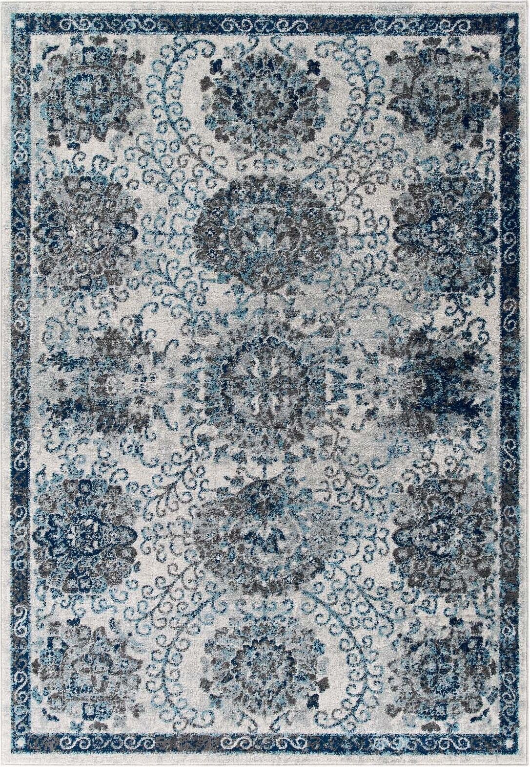 Entourage Ivory and Blue Kensie Distressed Floral Moroccan Trellis 5x8 Area Rug