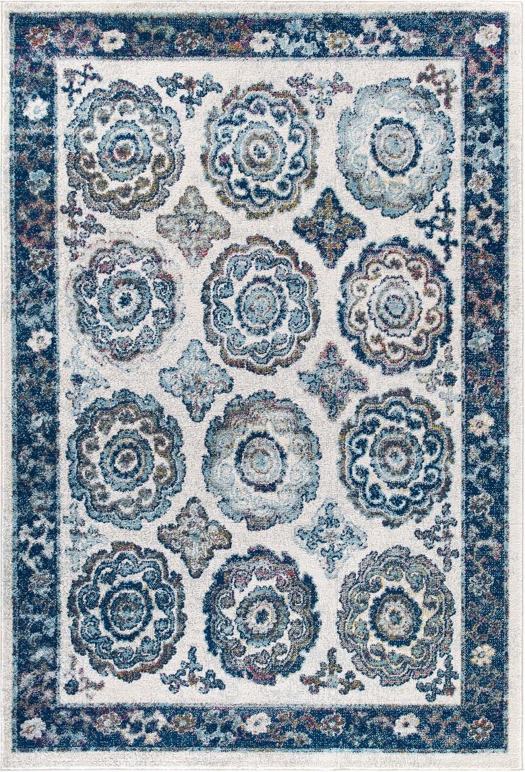 Entourage Ivory and Blue Odile Distressed Floral Moroccan Trellis 5x8 Area Rug