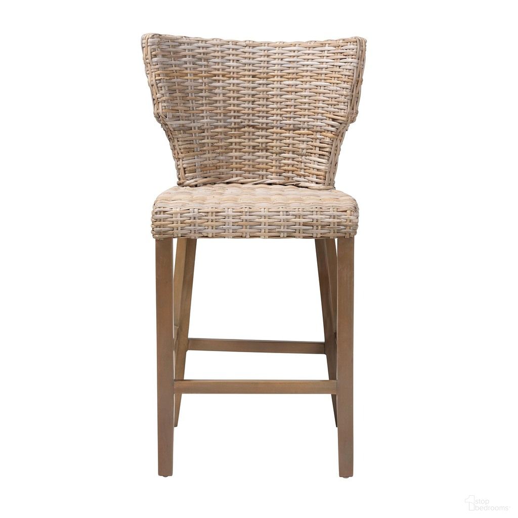 Enver Rattan and Mahogany Wood Counter Stool In Kubu Grey and Rustic Taupe