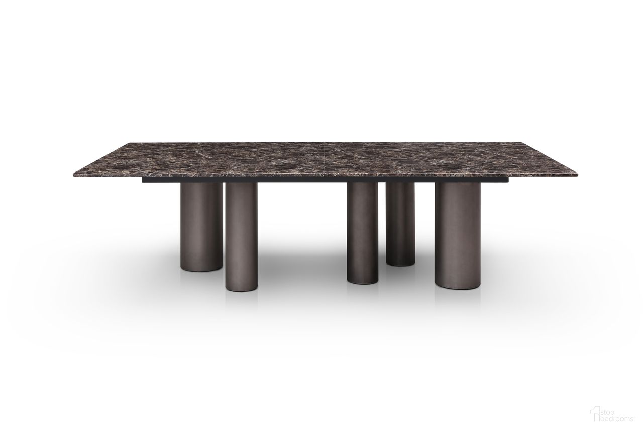 The appearance of Envie Marble Glossy Top Dining Table In Dark Emperador designed by Whiteline Modern Living in the modern / contemporary interior design. This dark emperador piece of furniture  was selected by 1StopBedrooms from Envie Collection to add a touch of cosiness and style into your home. Sku: DT1821-DEMP. Table Base Style: Legs. Material: Marble. Table Top Shape: Rectangular. Size: 54" x 108".