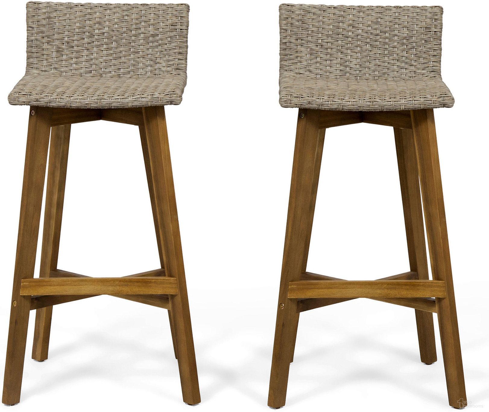 Equinox Outdoor Barstool with Rattan Wicker Top and X-Stretcher Frame In Brown - Set of 2