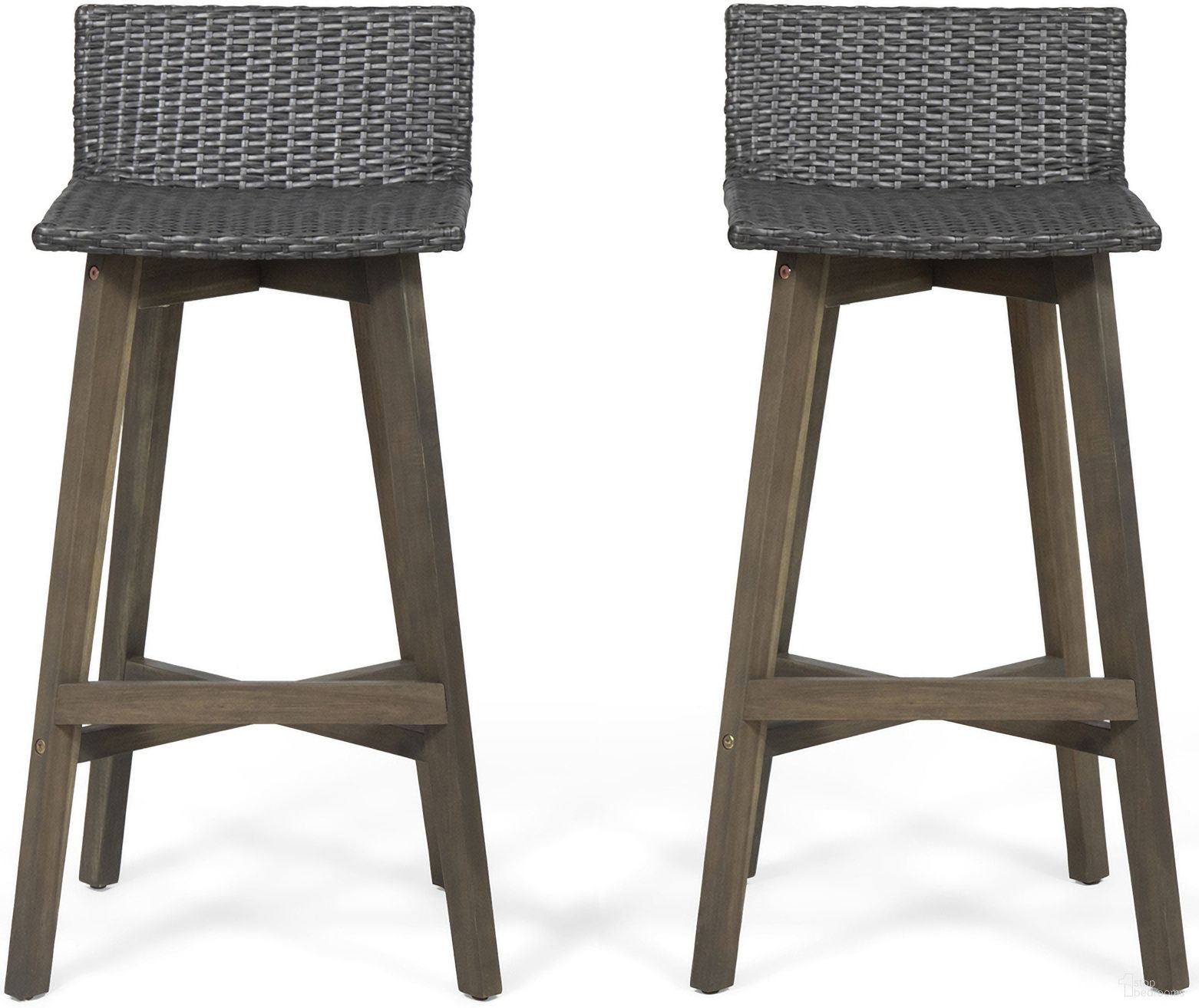 Equinox Outdoor Barstool with Rattan Wicker Top and X-Stretcher Frame In Grey - Set of 2