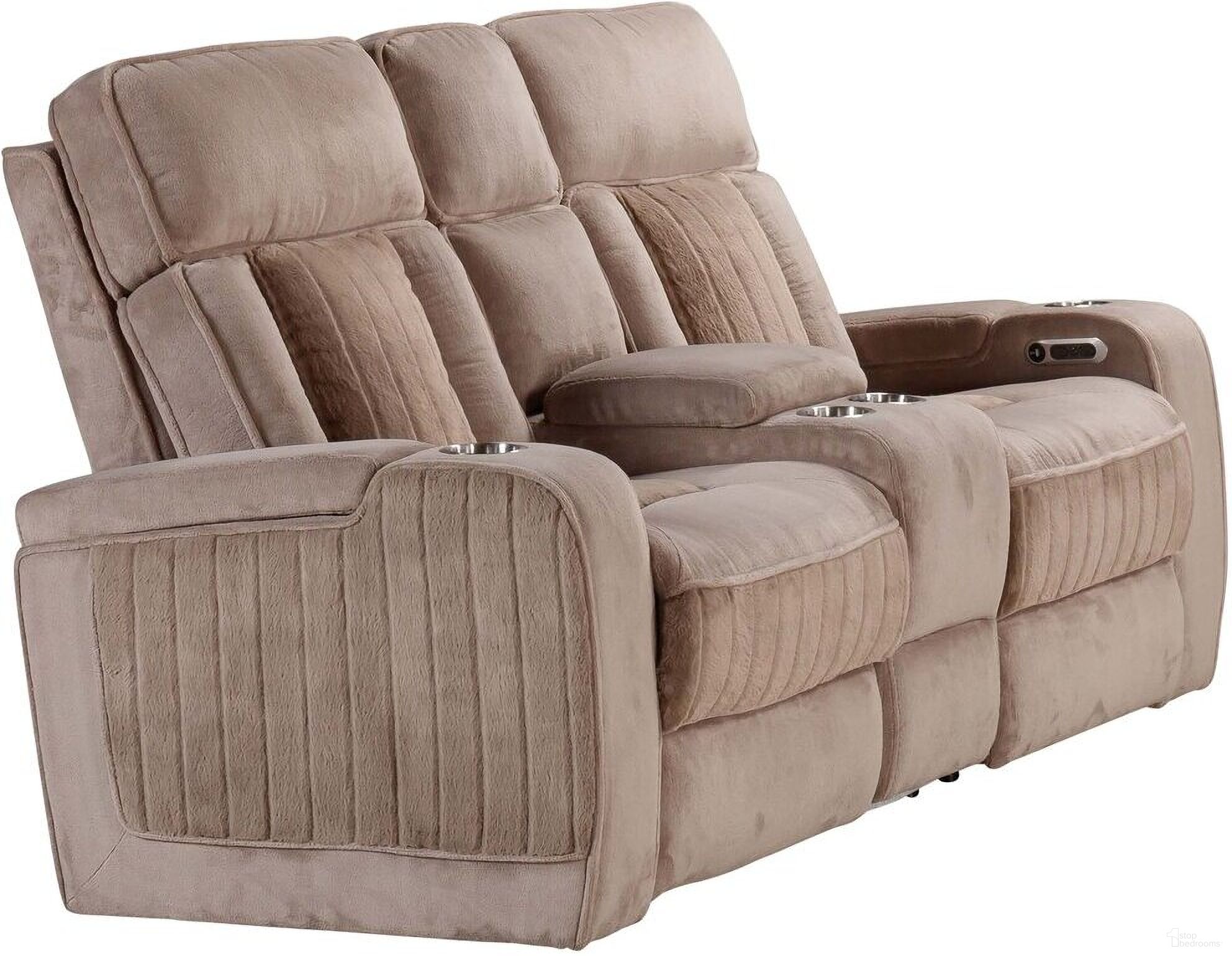 The appearance of Equinox Power Console Loveseat In Mushroom designed by Parker House in the modern / contemporary interior design. This mushroom piece of furniture  was selected by 1StopBedrooms from Equinox Collection to add a touch of cosiness and style into your home. Sku: MEQ-822CP2-MURM. Material: Polyester.