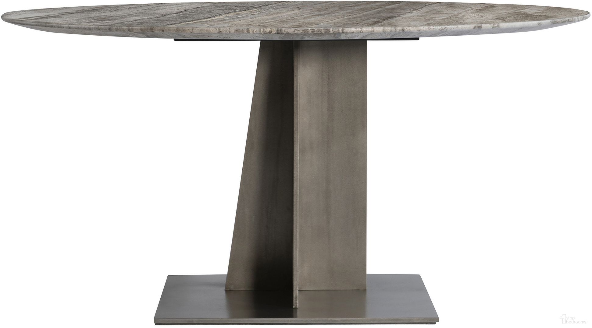 The appearance of Equis Dining Table designed by Bernhardt in the modern / contemporary interior design. This silver travertine/graphite piece of furniture  was selected by 1StopBedrooms from Equis Collection to add a touch of cosiness and style into your home. Sku: 321272;321273. Table Base Style: Pedestal. Table Top Shape: Round. Material: Stone. Size: 60".