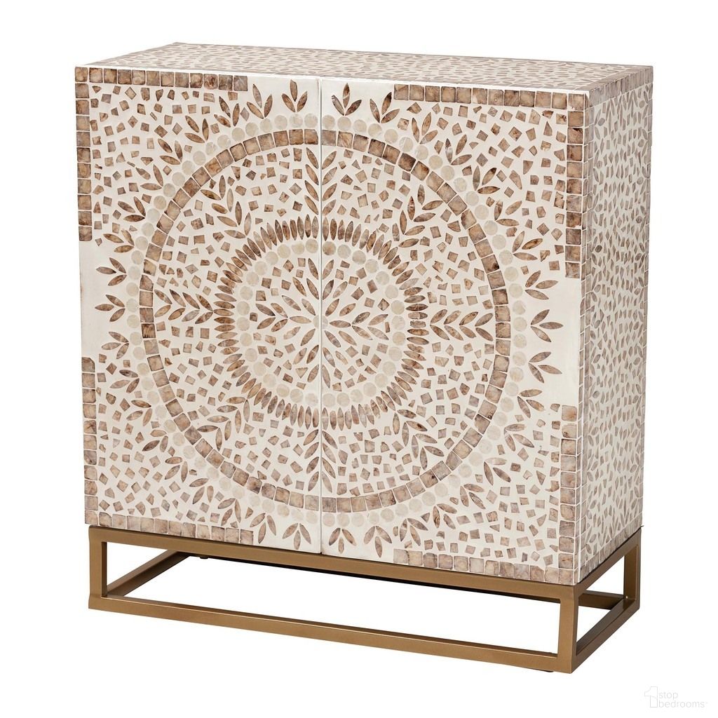 Ercilia Mother of Pearl Storage Cabinet In White and Floral Rustic Brown