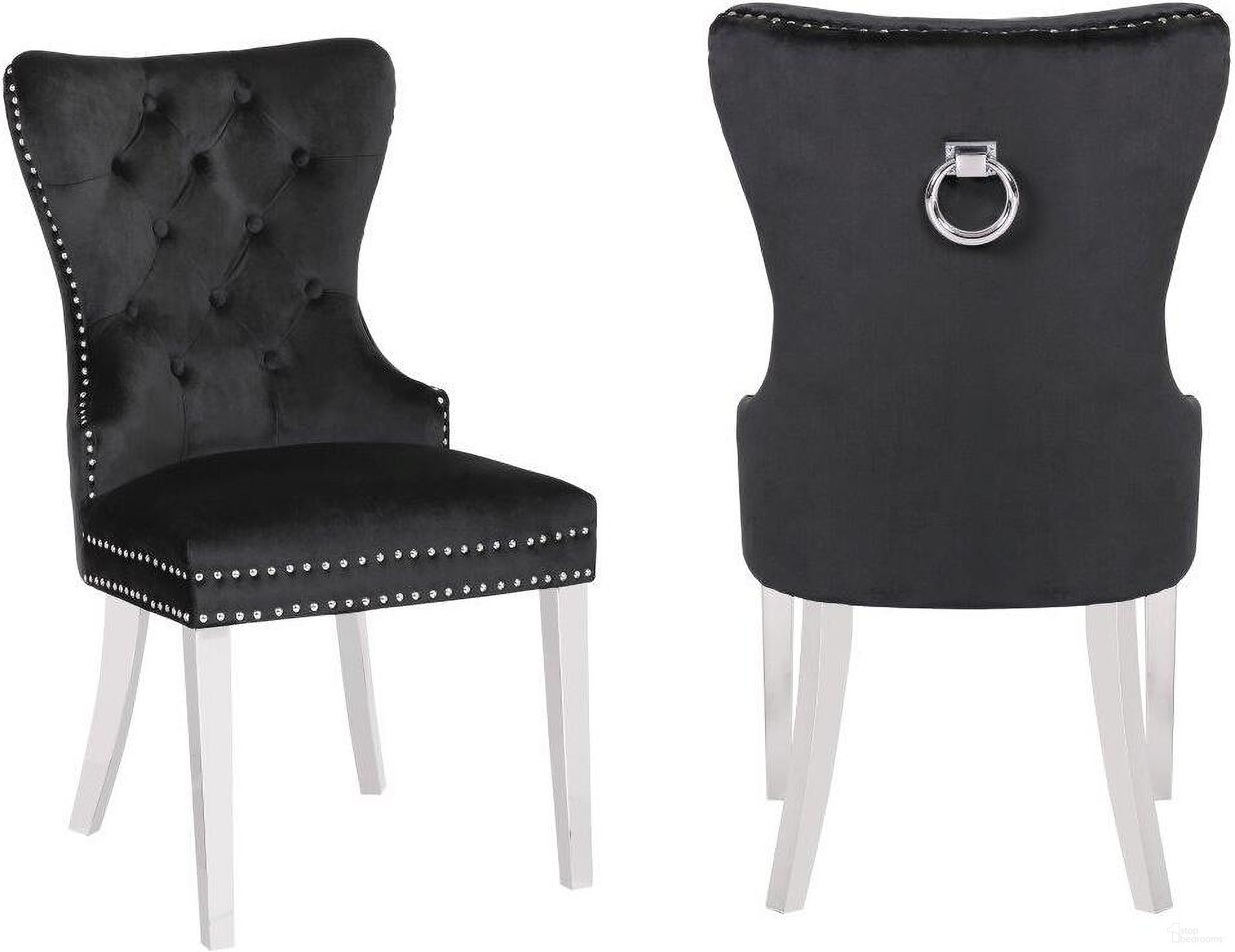 The appearance of Erica 2 Piece Stainless Steel Legs Chair Finish With Velvet Fabric In Black designed by Galaxy Home Furnishings in the modern / contemporary interior design. This black piece of furniture was selected by 1StopBedrooms from Erica Collection to add a touch of cosiness and style into your home. Sku: 808857623171. Material: Velvet. Chair Type: Side Chair.