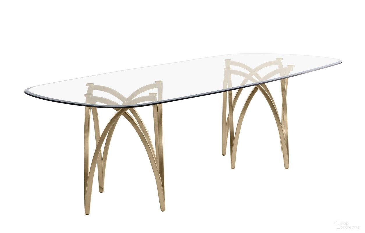 The appearance of Erick 94 x 46 Inch Glass Dining Table In Gold designed by Best Quality Furniture in the modern / contemporary interior design. This gold piece of furniture was selected by 1StopBedrooms from Erick Collection to add a touch of cosiness and style into your home. Sku: D08-DTT;D08-DTB. Table Base Style: Legs. Table Top Shape: Oval. Material: Glass. Size: 46" x 94".