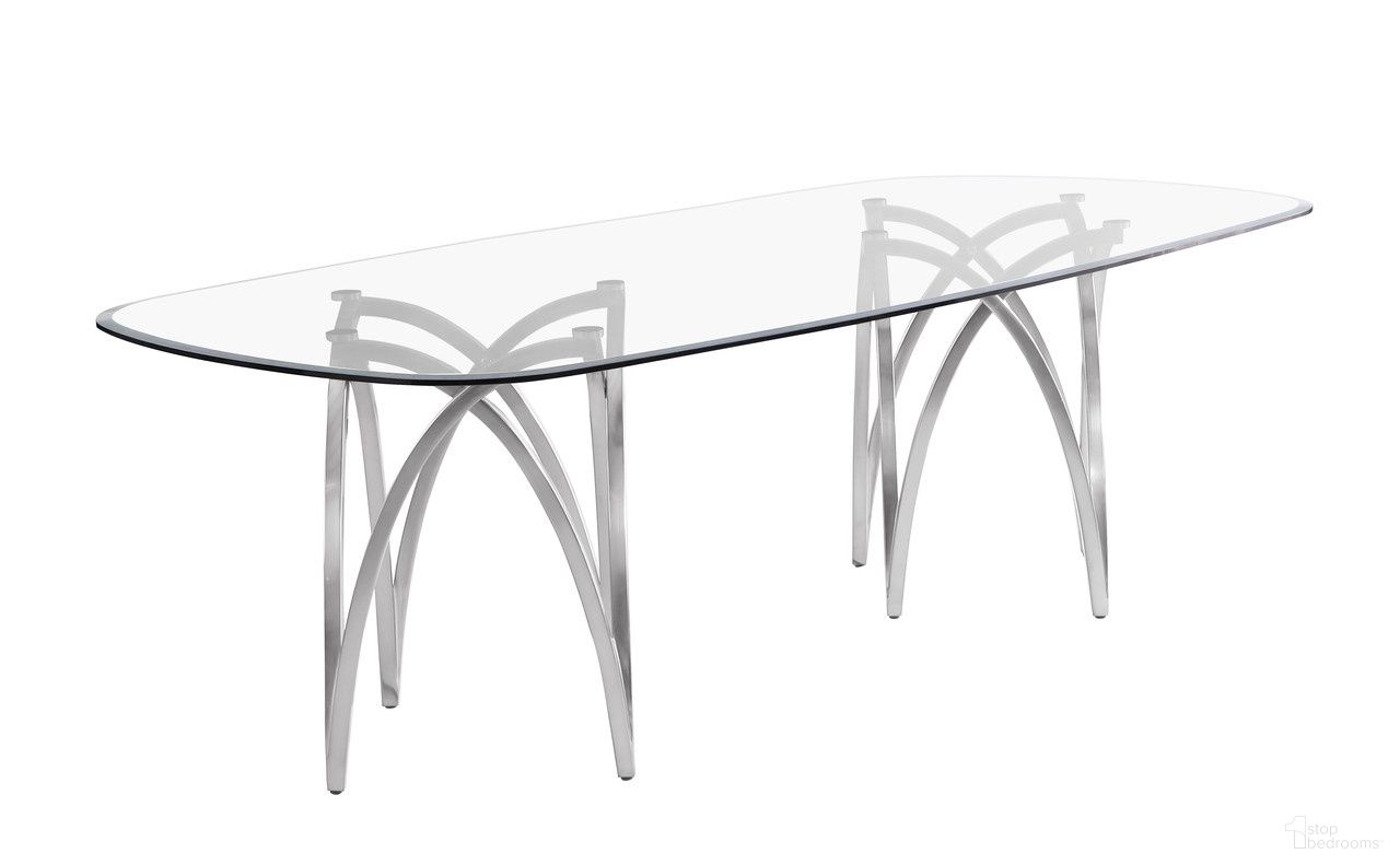 The appearance of Erick 94 x 46 Inch Glass Dining Table In Silver designed by Best Quality Furniture in the modern / contemporary interior design. This silver piece of furniture  was selected by 1StopBedrooms from Erick Collection to add a touch of cosiness and style into your home. Sku: D07-DTT;D07-DTB. Table Base Style: Legs. Table Top Shape: Oval. Material: Glass. Size: 46" x 94".