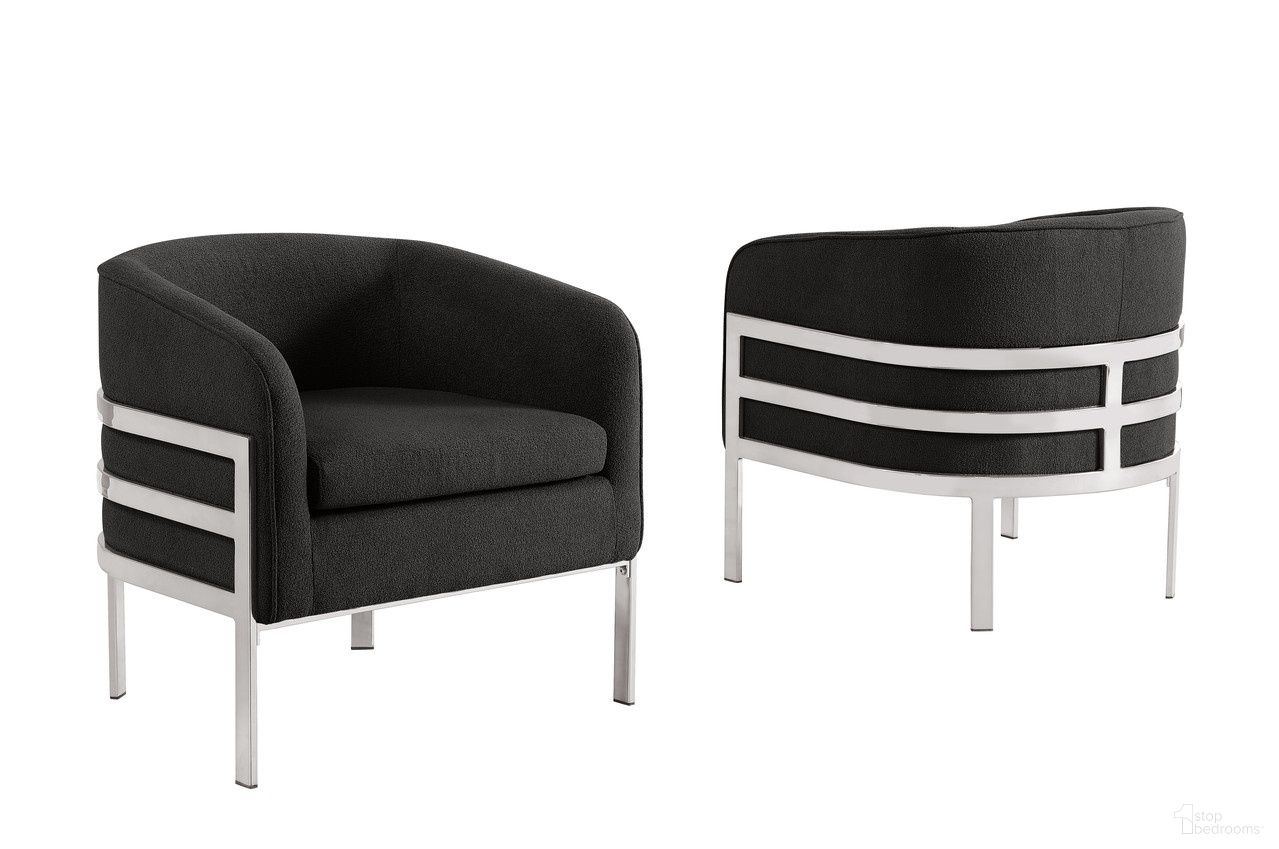 The appearance of Erick Teddy Fabric Barrel Accent Chair in Black and Chrome designed by Best Quality Furniture in the glam interior design. This black and chrome piece of furniture  was selected by 1StopBedrooms from Erick Collection to add a touch of cosiness and style into your home. Sku: AC281. Material: Boucle.