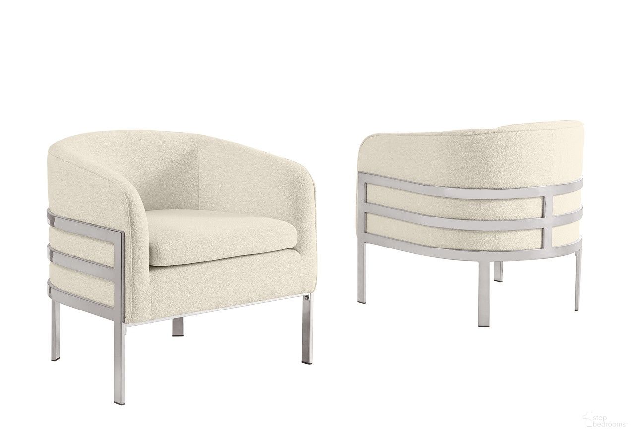 The appearance of Erick Teddy Fabric Barrel Accent Chair in Cream and Chrome designed by Best Quality Furniture in the glam interior design. This cream/chrome piece of furniture  was selected by 1StopBedrooms from Erick Collection to add a touch of cosiness and style into your home. Sku: AC282. Material: Boucle.