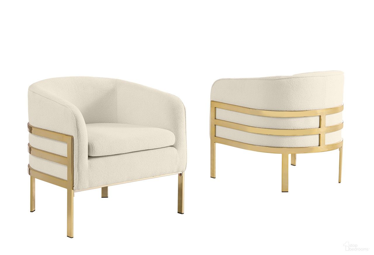 The appearance of Erick Teddy Fabric Barrel Accent Chair in Cream and Gold Chrome designed by Best Quality Furniture in the glam interior design. This cream and gold chrome piece of furniture was selected by 1StopBedrooms from Erick Collection to add a touch of cosiness and style into your home. Sku: AC287. Material: Boucle.