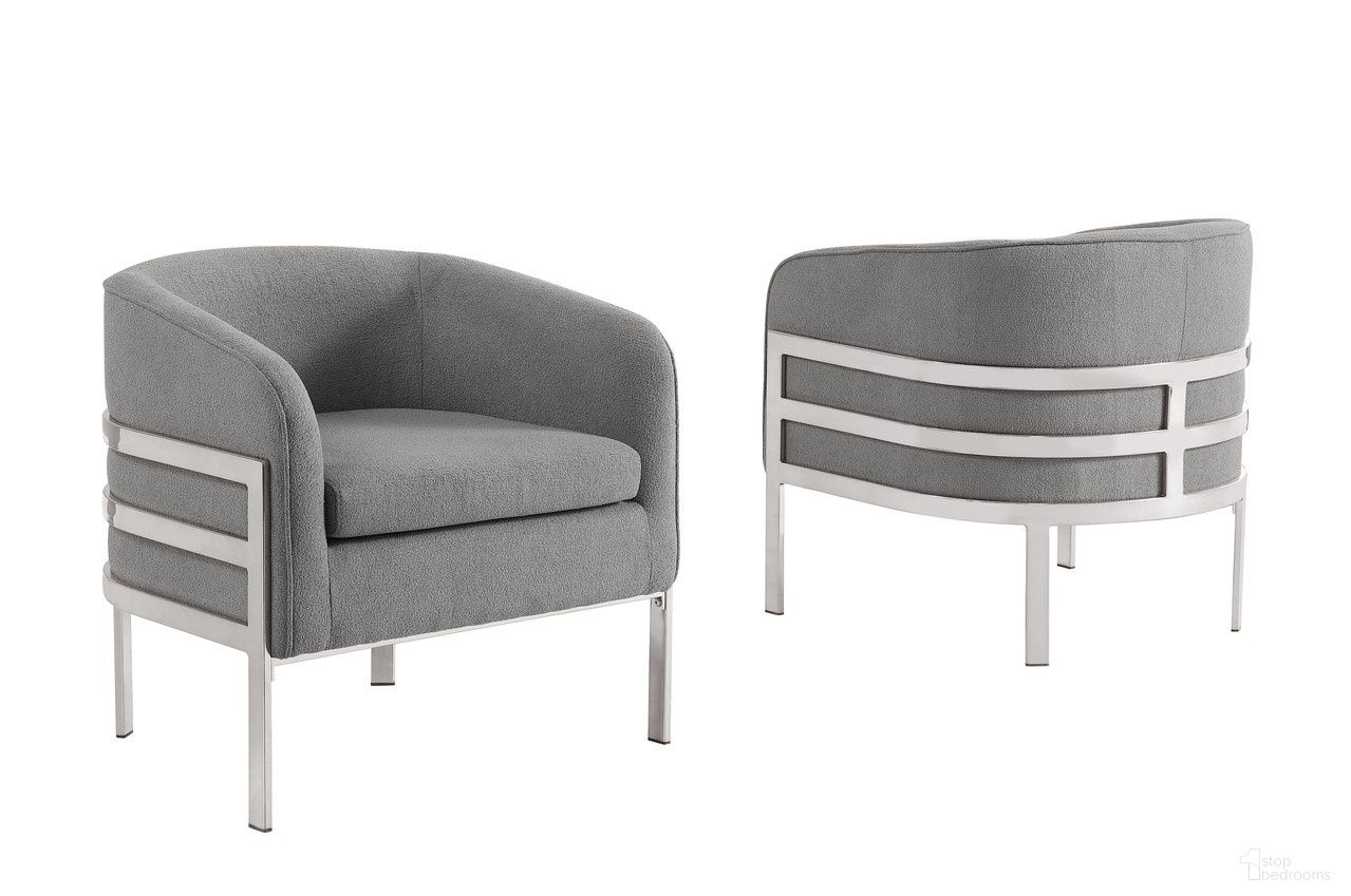 The appearance of Erick Teddy Fabric Barrel Accent Chair in Dark Gray and Chrome designed by Best Quality Furniture in the glam interior design. This dark gray and chrome piece of furniture  was selected by 1StopBedrooms from Erick Collection to add a touch of cosiness and style into your home. Sku: AC280. Material: Boucle.