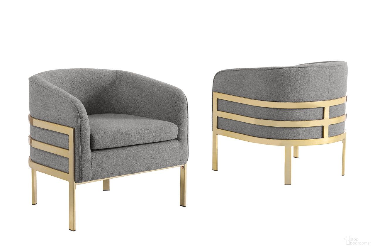The appearance of Erick Teddy Fabric Barrel Accent Chair in Dark Gray and Gold Chrome designed by Best Quality Furniture in the glam interior design. This dark gray and gold chrome piece of furniture  was selected by 1StopBedrooms from Erick Collection to add a touch of cosiness and style into your home. Sku: AC284. Material: Boucle.