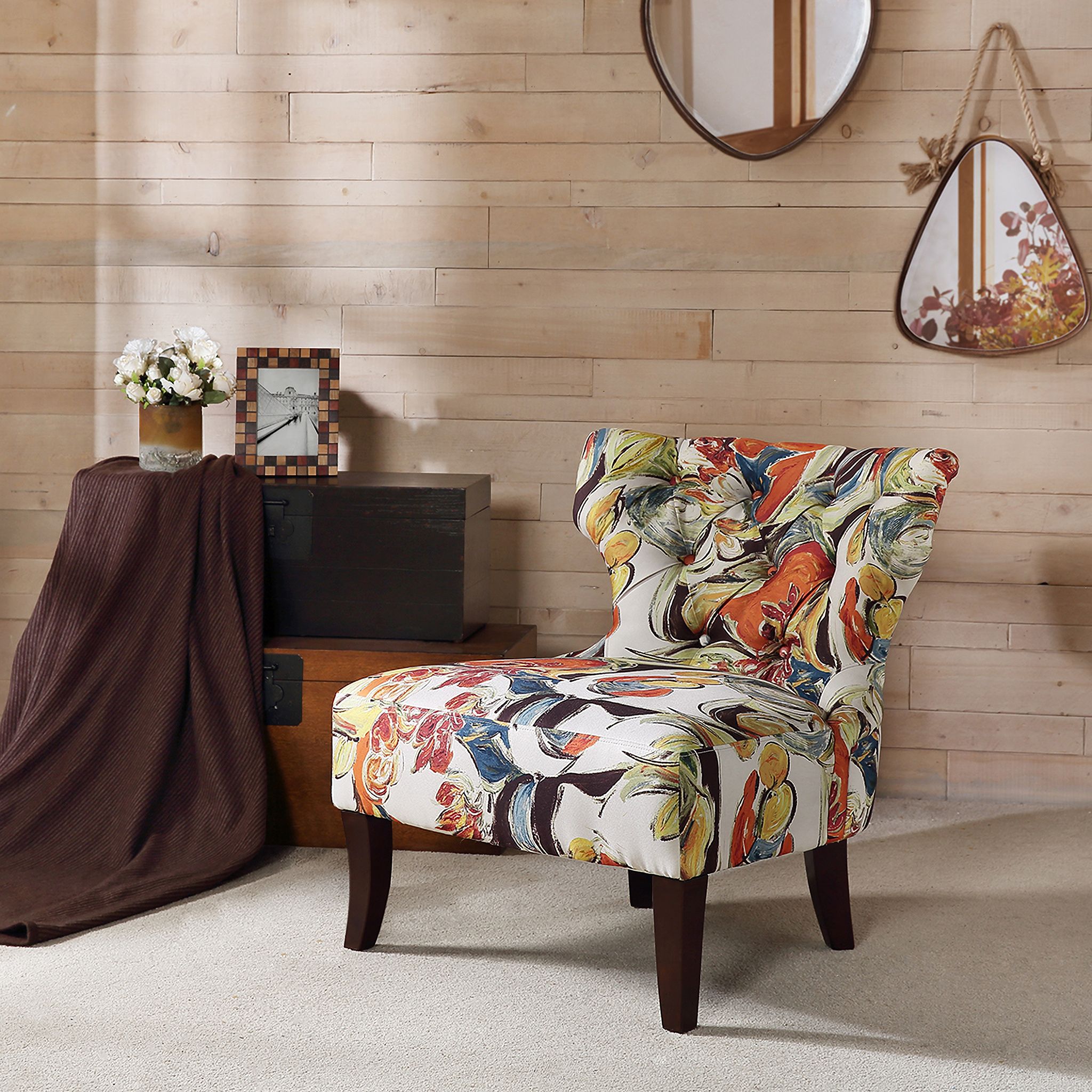 The appearance of Erika Hourglass Tufted Armless Chair In Multi designed by Olliix in the modern / contemporary interior design. This multi piece of furniture  was selected by 1StopBedrooms from Erika Collection to add a touch of cosiness and style into your home. Sku: FPF18-0416. Material: Wood.