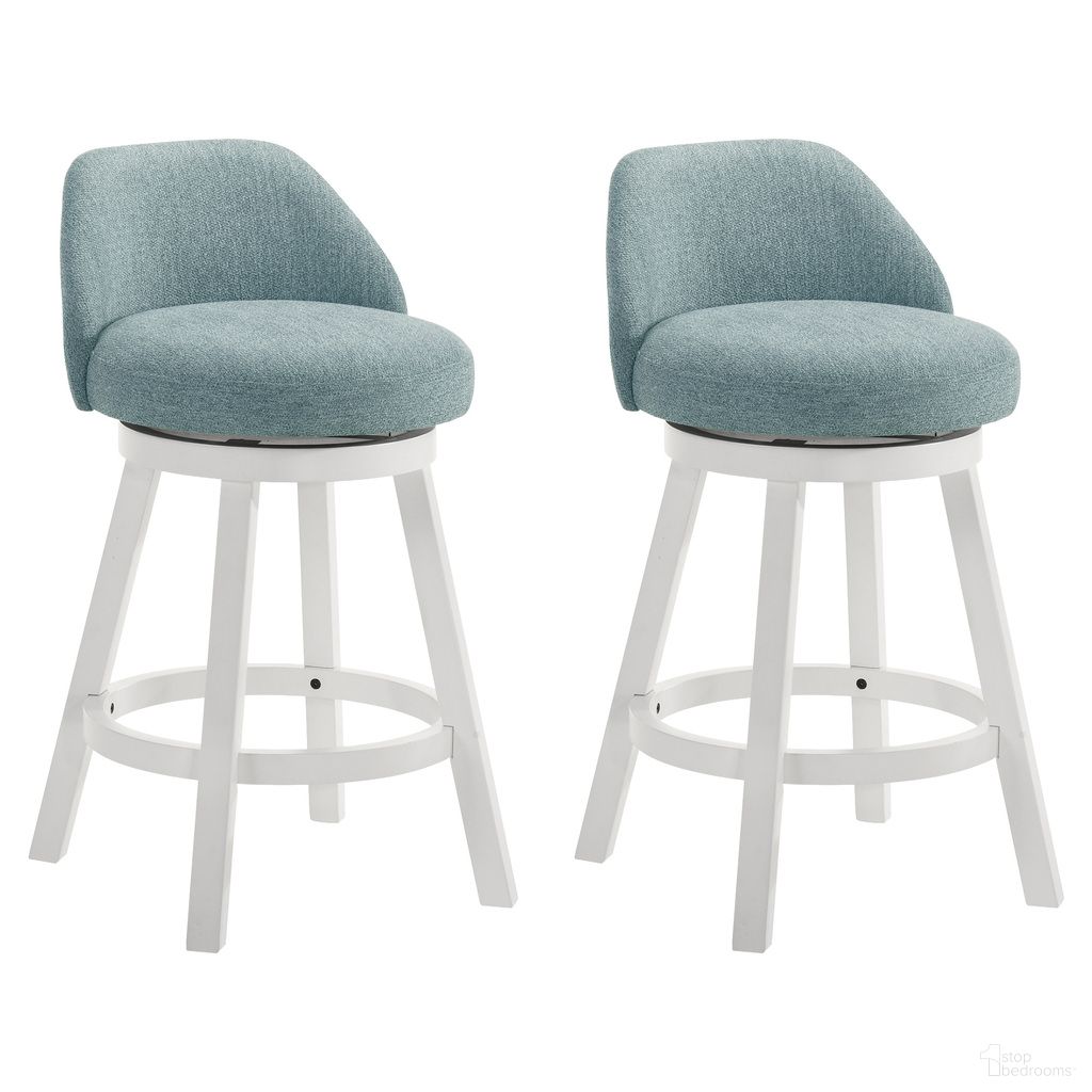 The appearance of Erika Swivel Counter Height Bar Stool Set of 2 In White and Light Blue designed by Armen Living in the modern / contemporary interior design. This white/light blue piece of furniture was selected by 1StopBedrooms from Erika Collection to add a touch of cosiness and style into your home. Sku: LCEKBACSWH26;LCEKBACSWH26. Material: Polyester.