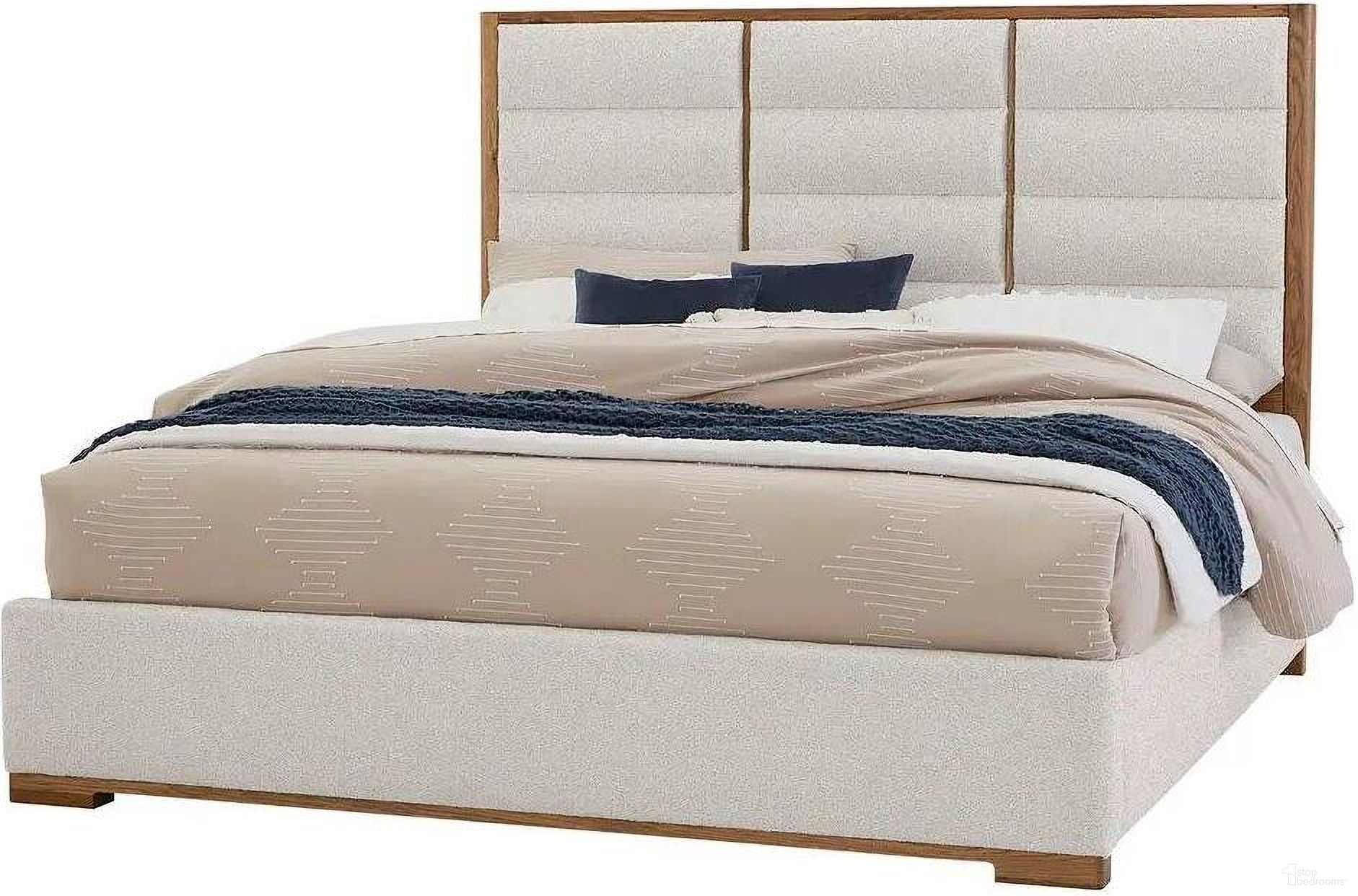 The appearance of Erin's Queen Upholstered Bed In Oatmeal designed by Vaughan Bassett in the transitional interior design. This oatmeal piece of furniture was selected by 1StopBedrooms from Crafted Oak Collection to add a touch of cosiness and style into your home. Sku: 790-551B;790-155B;790-822B. Material: Wood. Bed Size: Queen. Bed Type: Upholstered Bed.