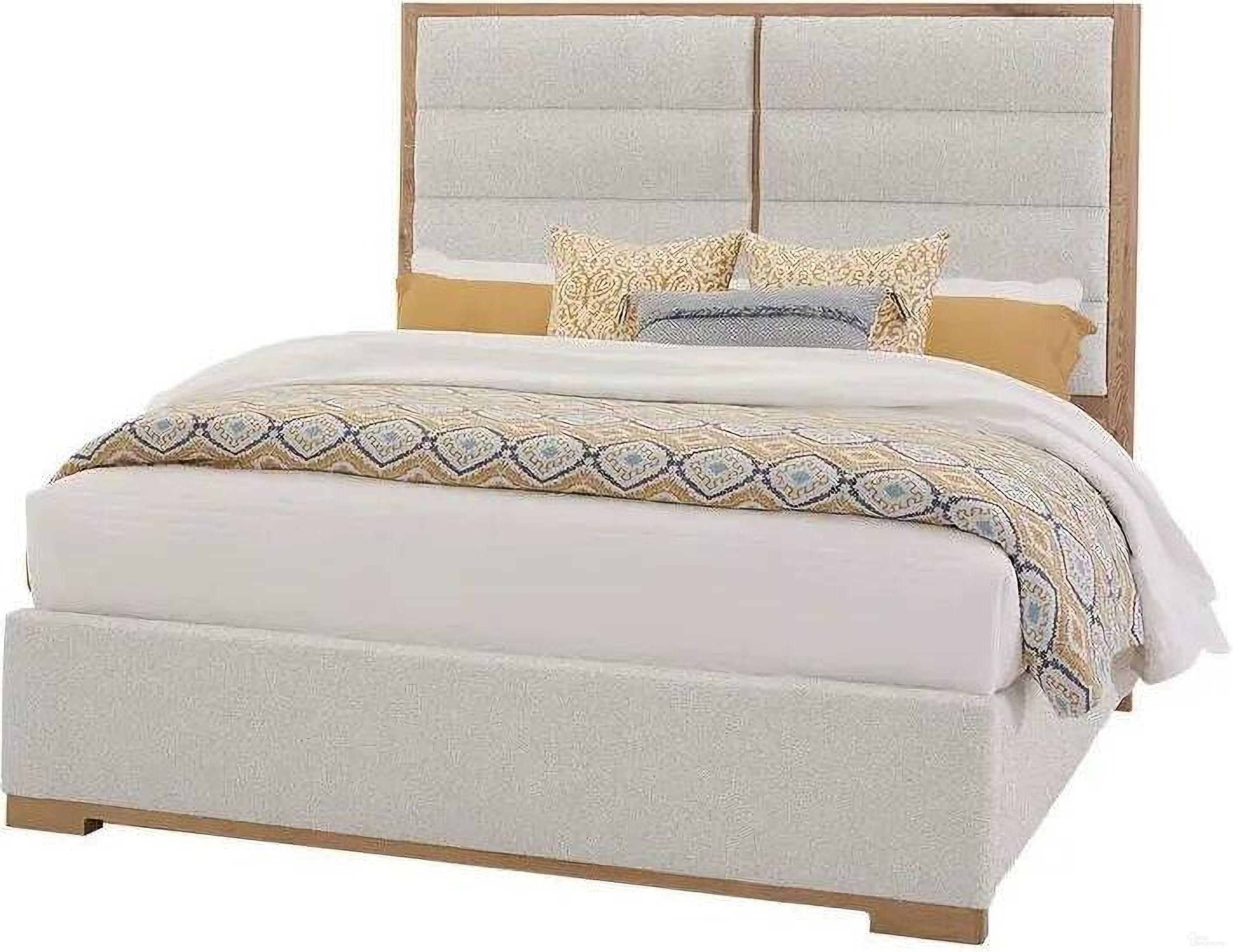 The appearance of Erin's Queen Upholstered Bed In Bleached White designed by Vaughan Bassett in the transitional interior design. This bleached white piece of furniture was selected by 1StopBedrooms from Crafted Oak Collection to add a touch of cosiness and style into your home. Sku: 795-551B;795-155B;795-822B. Material: Wood. Bed Size: Queen. Bed Type: Upholstered Bed.