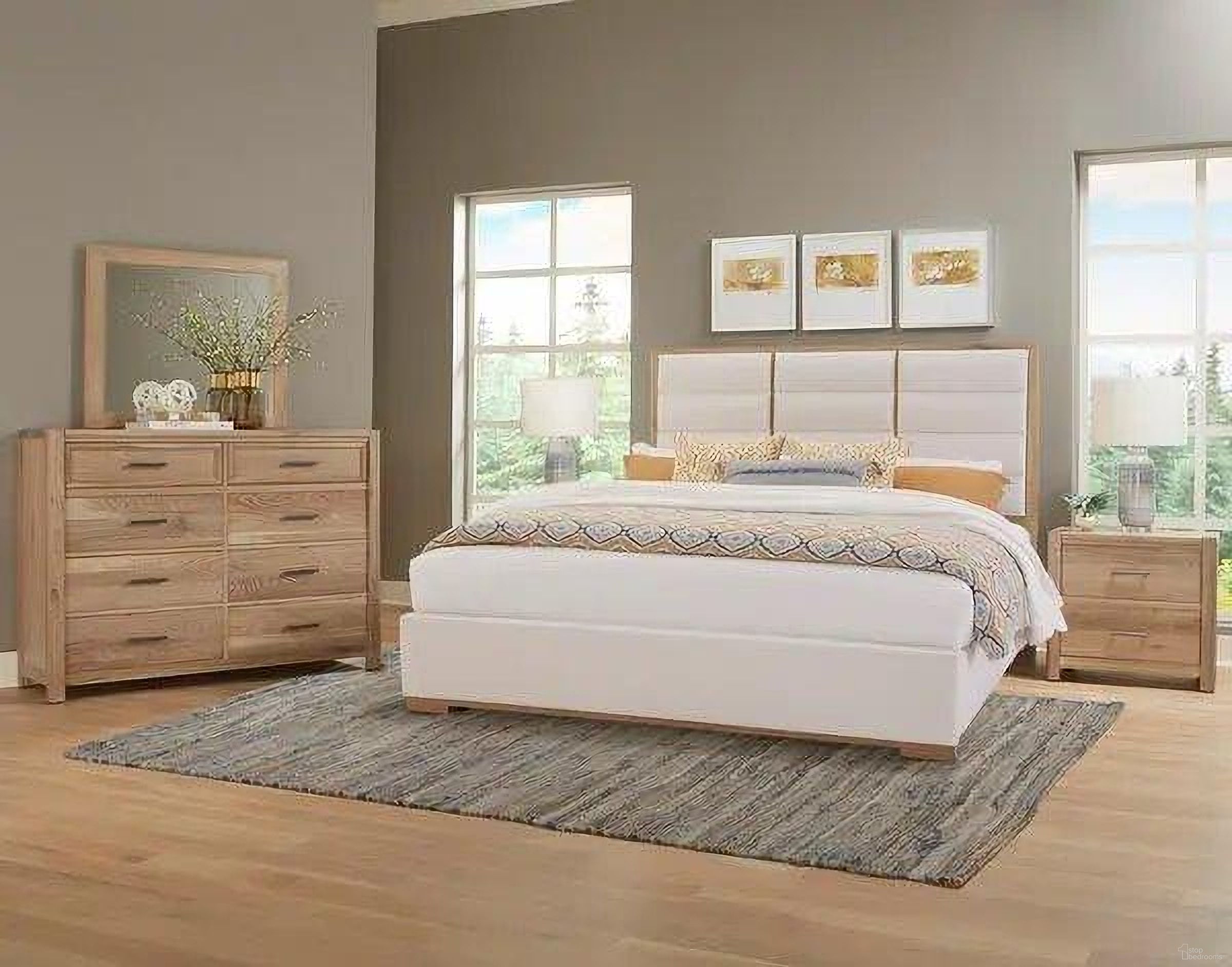 The appearance of Erin's Queen Upholstered Bed In Bleached White designed by Vaughan Bassett in the transitional interior design. This bleached white piece of furniture was selected by 1StopBedrooms from Crafted Oak Collection to add a touch of cosiness and style into your home. Sku: 795-551A;795-155A;795-822A. Material: Wood. Bed Size: Queen. Bed Type: Upholstered Bed.