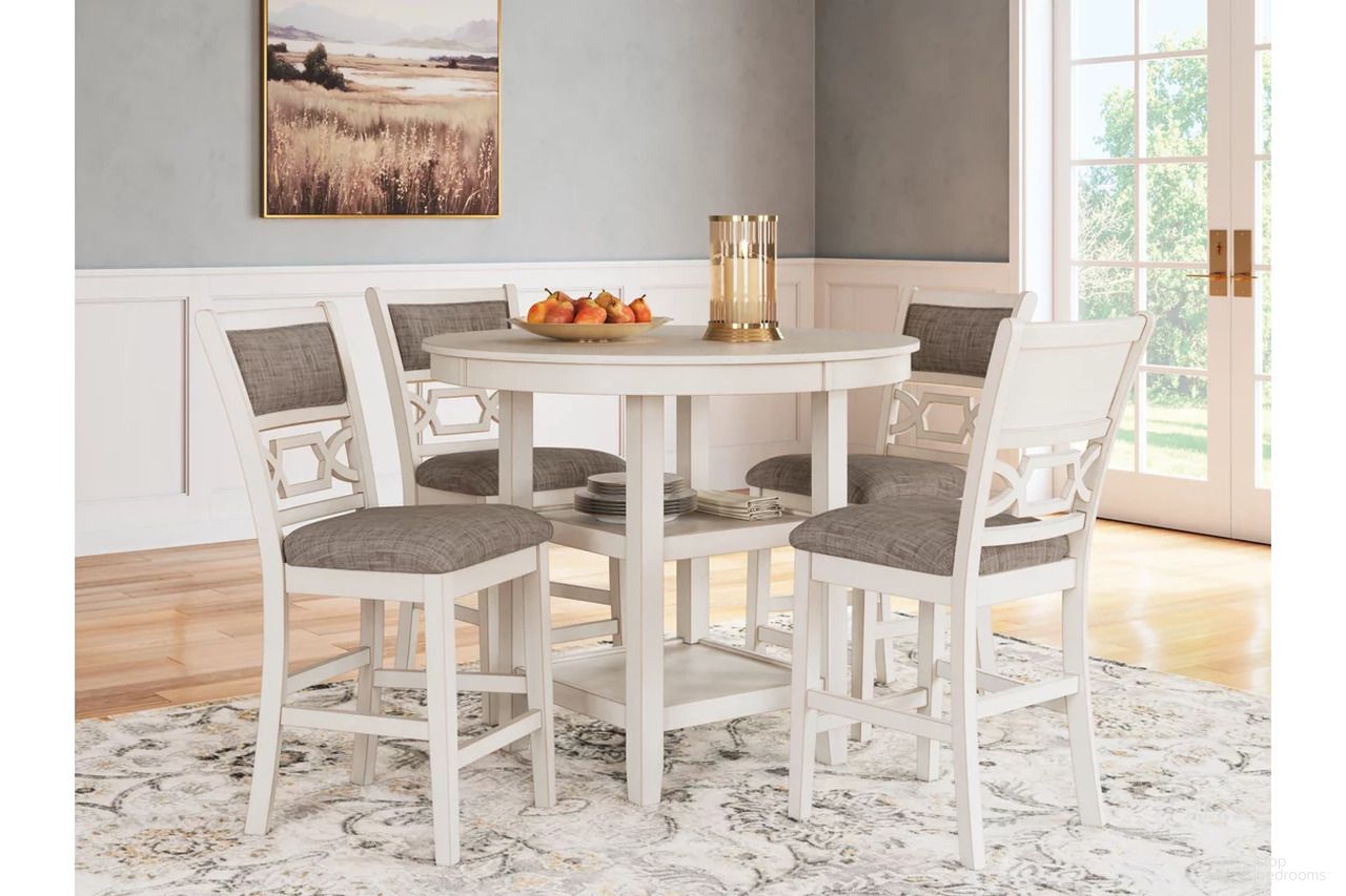 The appearance of Erinberg Counter Height Dining Table and 4 Barstools Set of 5 In Antique White designed by Signature Design by Ashley in the transitional interior design. This antique white piece of furniture was selected by 1StopBedrooms from Erinberg Collection to add a touch of cosiness and style into your home. Sku: D423-223. Material: Fabric.