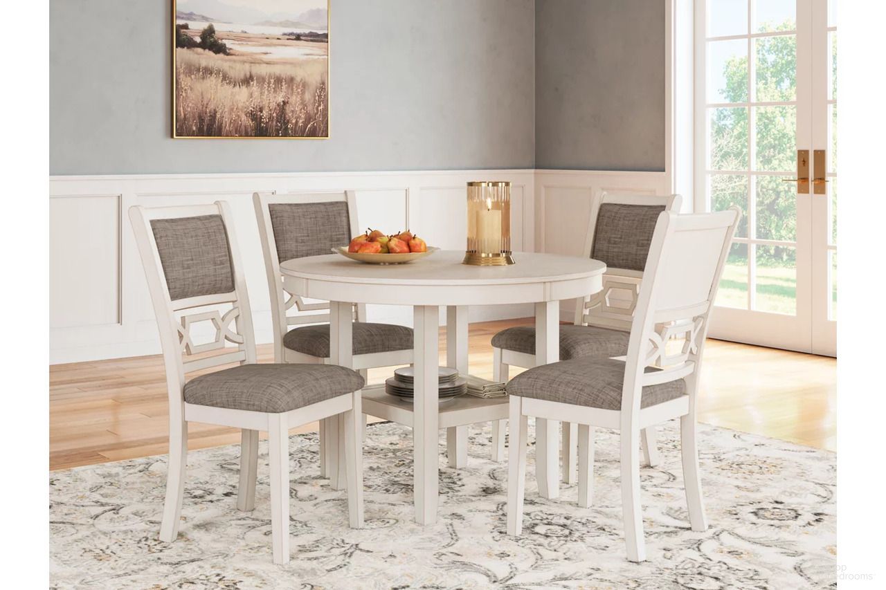 The appearance of Erinberg Dining Table and 4 Chairs Set of 5 In Antique White designed by Signature Design by Ashley in the transitional interior design. This antique white piece of furniture was selected by 1StopBedrooms from Erinberg Collection to add a touch of cosiness and style into your home. Sku: D423-225. Material: Fabric.