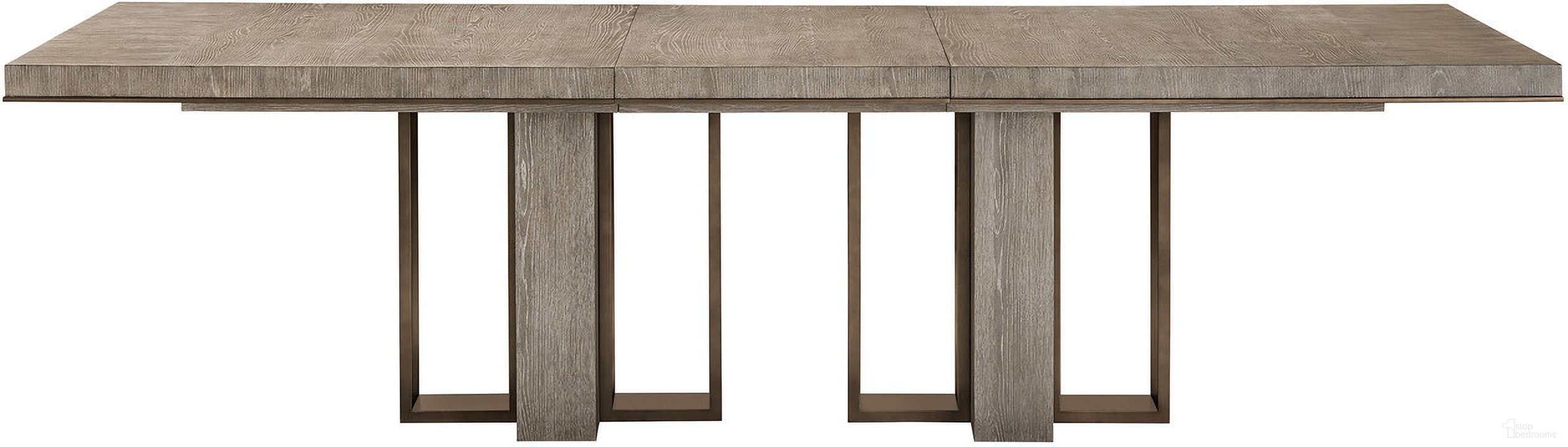 The appearance of Erinn V X Universal Del Monte Dining Table In Weathered Oak designed by Universal in the modern / contemporary interior design. This weathered oak piece of furniture was selected by 1StopBedrooms from Erinn V X Universal Collection to add a touch of cosiness and style into your home. Sku: U225A755. Table Base Style: Double Pedestal. Material: Metal. Table Top Shape: Rectangular. Size: 42" x 112".