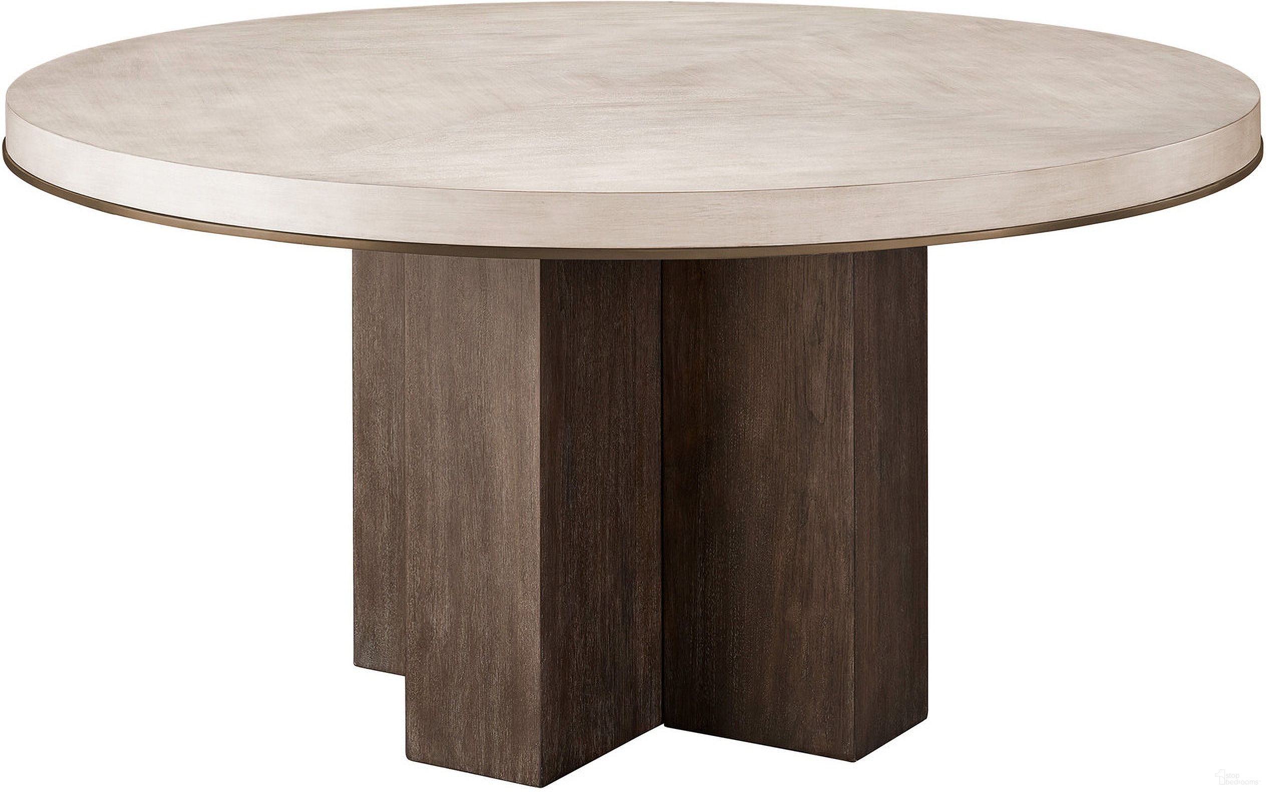 The appearance of Erinn V X Universal Topanga Round Dining Table In Silver Fox and Otter designed by Universal in the modern / contemporary interior design. This silver piece of furniture  was selected by 1StopBedrooms from Erinn V X Universal Collection to add a touch of cosiness and style into your home. Sku: U225B757. Table Base Style: Pedestal. Table Top Shape: Round. Material: Metal. Size: 60".