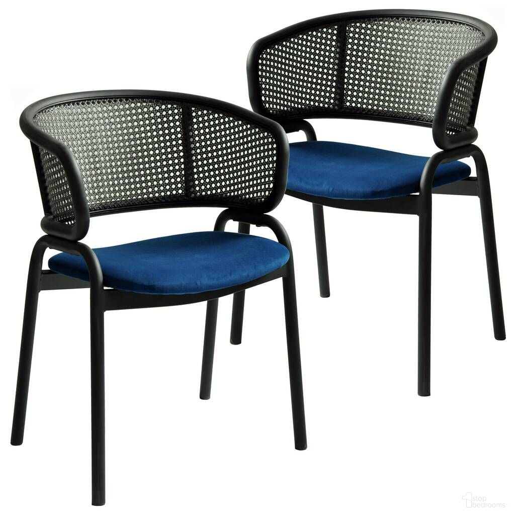 The appearance of Ervilla Dining Armchair In Black Steel Frame with Black Wicker Back and Navy Blue Seat Set of 2 designed by LeisureMod in the modern / contemporary interior design. This navy blue piece of furniture was selected by 1StopBedrooms from Ervilla Collection to add a touch of cosiness and style into your home. Sku: ECBL-20BL-NBU2. Material: Iron. Chair Type: Arm Chair.