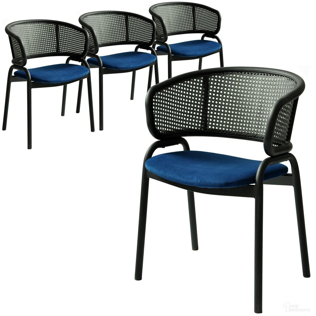 The appearance of Ervilla Dining Armchair In Black Steel Frame with Black Wicker Back and Navy Blue Seat Set of 4 designed by LeisureMod in the modern / contemporary interior design. This navy blue piece of furniture was selected by 1StopBedrooms from Ervilla Collection to add a touch of cosiness and style into your home. Sku: ECBL-20BL-NBU4. Material: Iron. Chair Type: Arm Chair.