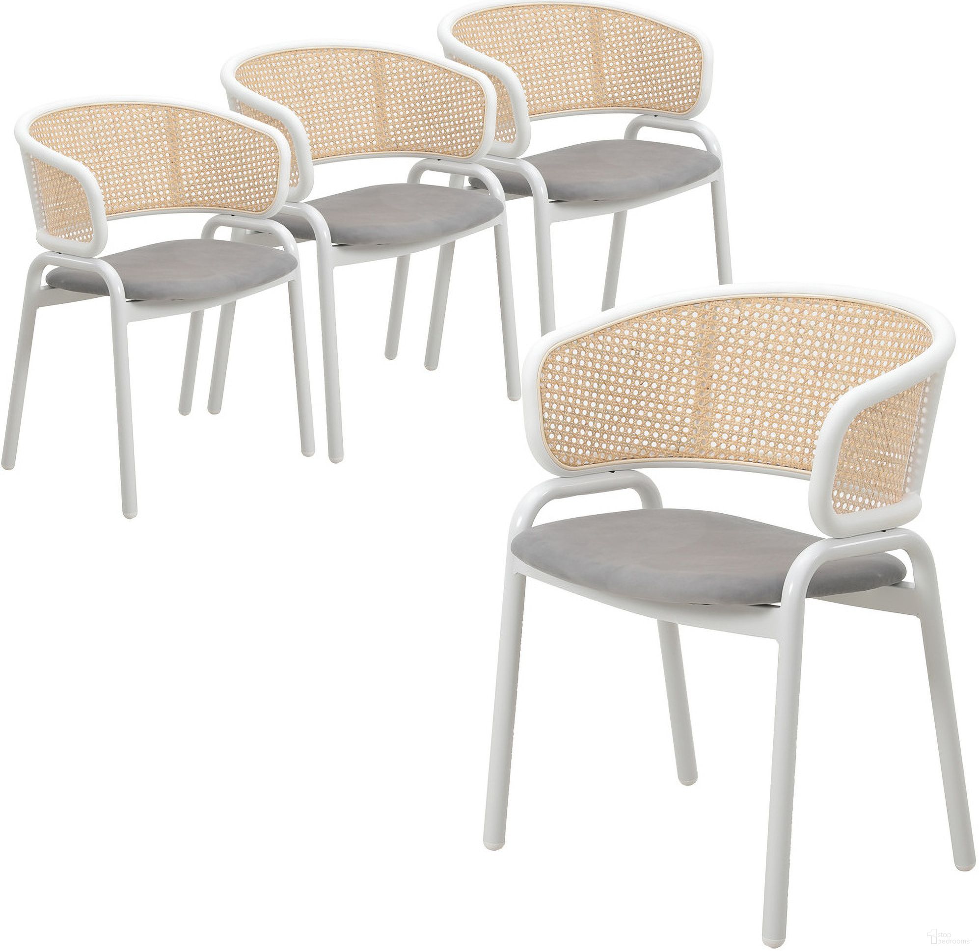 The appearance of Ervilla Dining Chair Set of 4 with White Steel Legs and Wicker Back In Grey designed by LeisureMod in the modern / contemporary interior design. This grey piece of furniture  was selected by 1StopBedrooms from Ervilla Collection to add a touch of cosiness and style into your home. Sku: ECW-20GR4. Material: Steel. Chair Type: Arm Chair.