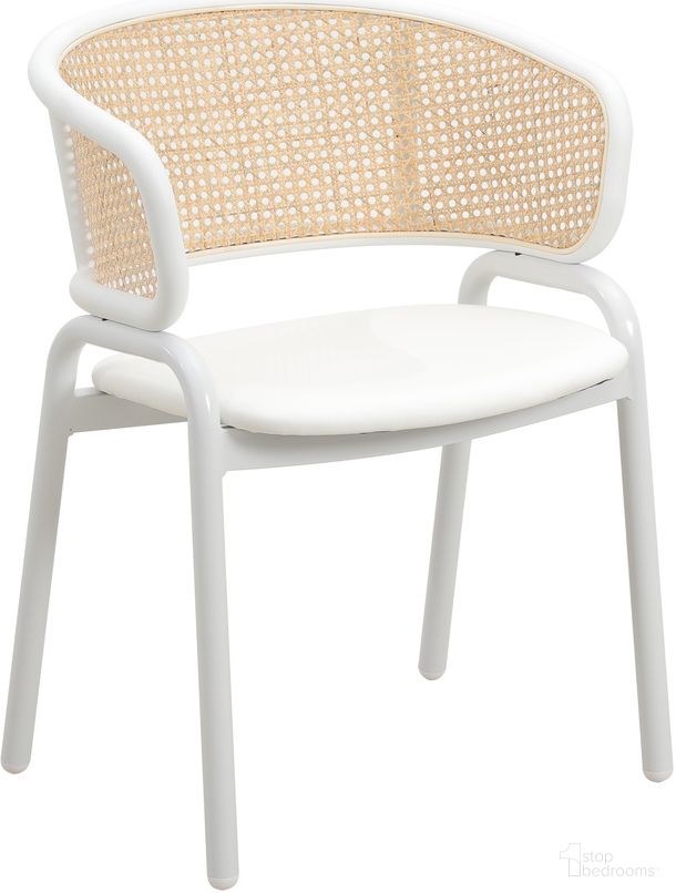 The appearance of Ervilla Dining Chair with Steel Legs and Wicker Back In White designed by LeisureMod in the modern / contemporary interior design. This white piece of furniture  was selected by 1StopBedrooms from Ervilla Collection to add a touch of cosiness and style into your home. Sku: ECW-20W. Material: Steel. Chair Type: Arm Chair.