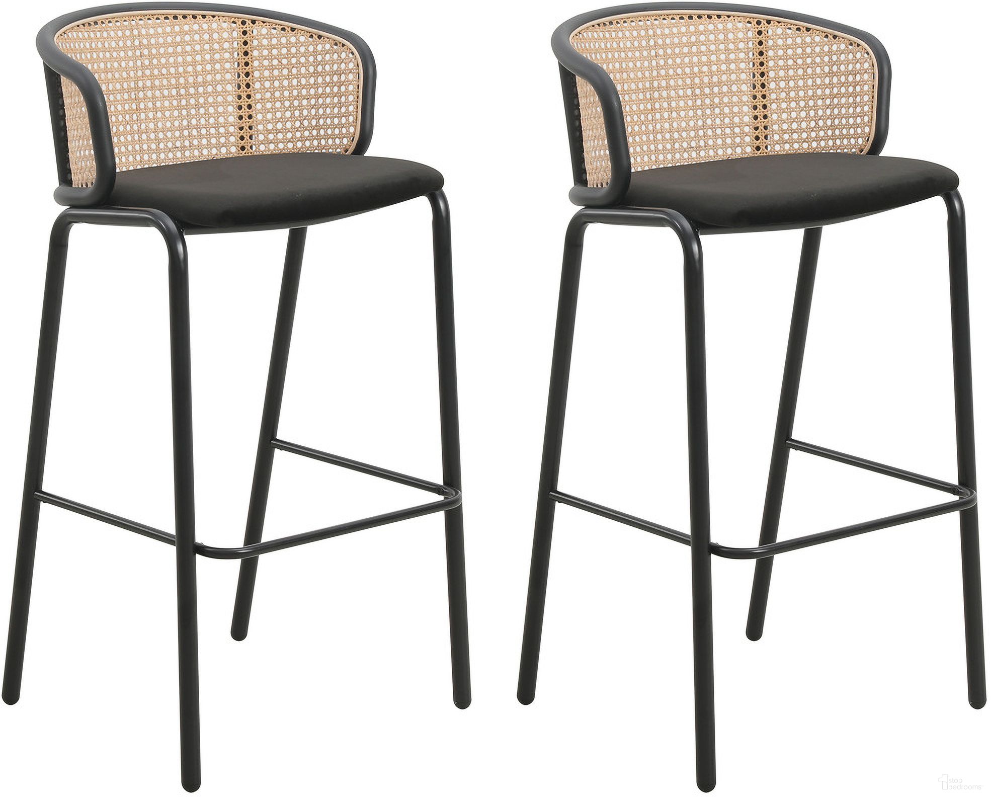 The appearance of Ervilla Wicker Bar Stool Set of 2 with Fabric Seat and Steel Frame In Black designed by LeisureMod in the transitional interior design. This black piece of furniture was selected by 1StopBedrooms from Ervilla Collection to add a touch of cosiness and style into your home. Sku: EBBL-31BL2. Material: Steel.