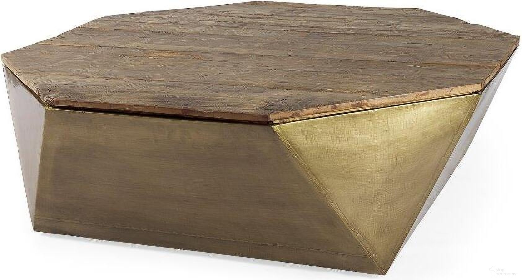 The appearance of Esagono Octagonal Gold Metal-Clad Reclaimed Wood Coffee Table With Storage designed by Mercana in the modern / contemporary interior design. This brown piece of furniture  was selected by 1StopBedrooms from Esagono Collection to add a touch of cosiness and style into your home. Sku: 67092. Material: Wood.