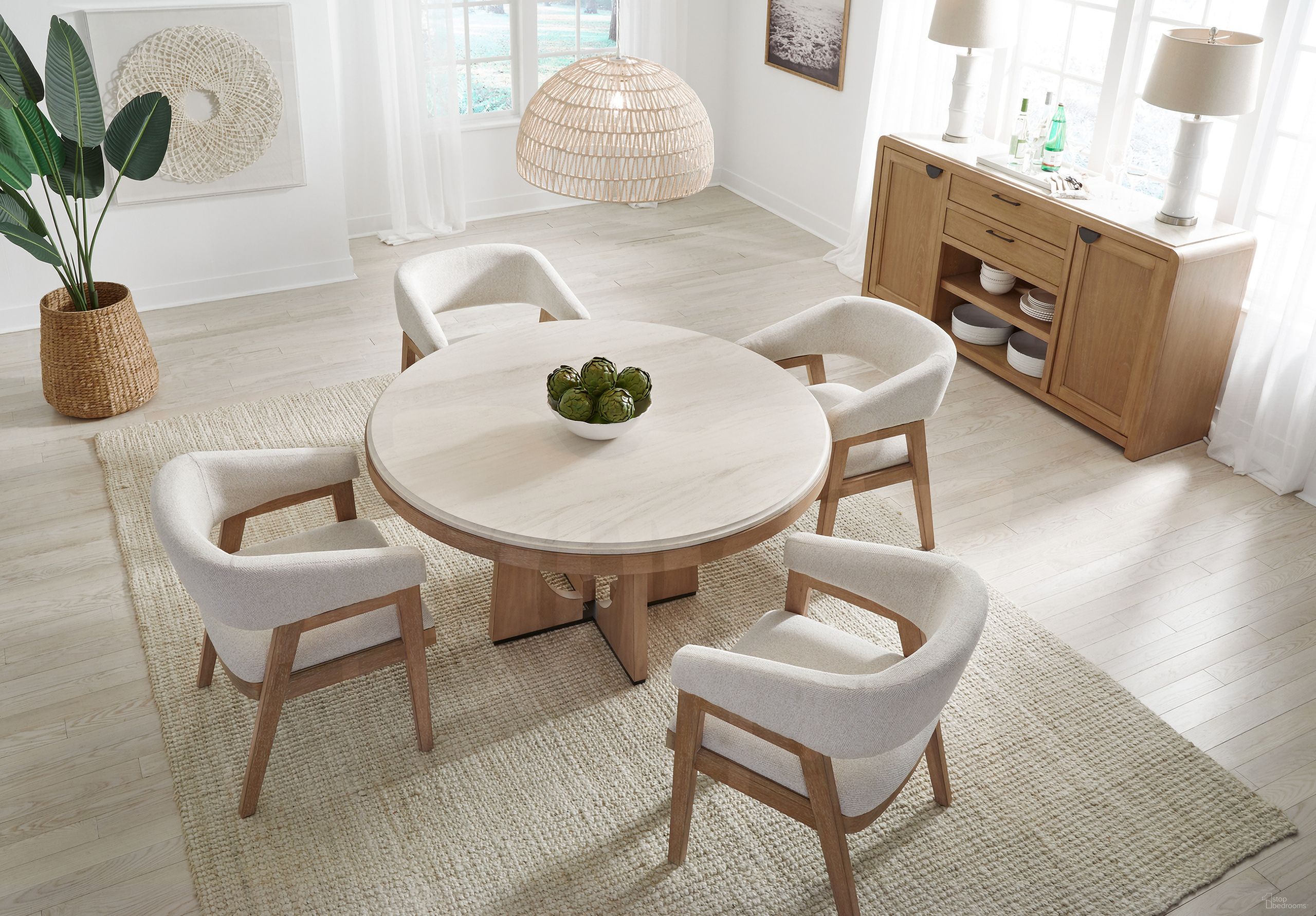 The appearance of Escape 54 Inch Round Dining Room Set In Light Brown designed by Parker House in the transitional interior design. This light brown piece of furniture was selected by 1StopBedrooms from Escape Collection to add a touch of cosiness and style into your home. Sku: DESC#54B;DESC#54T;DESC#2118. Table Base Style: Pedestal. Table Top Shape: Round. Material: Rubberwood. Size: 54".